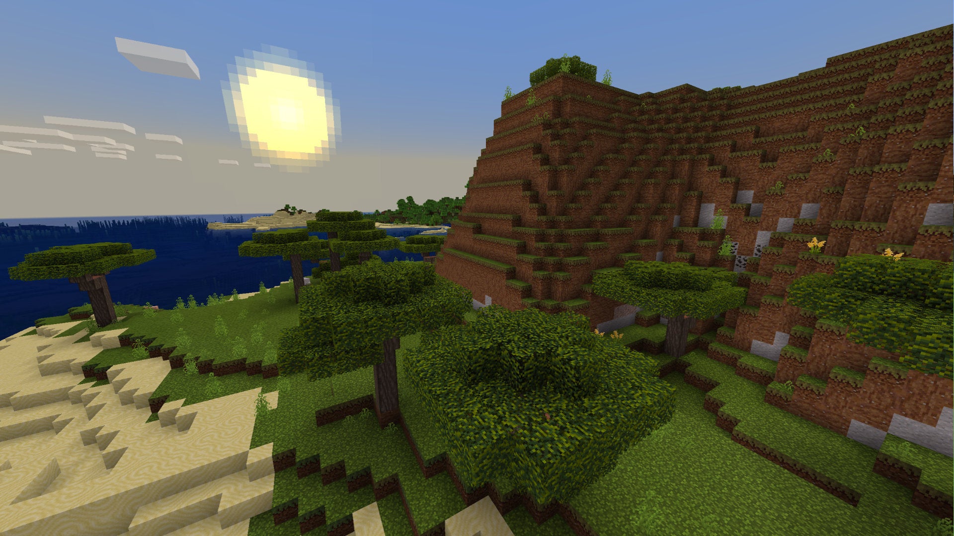 A Minecraft Bedrock screenshot of a landscape displayed using the 8-BitCraft Texture Pack.