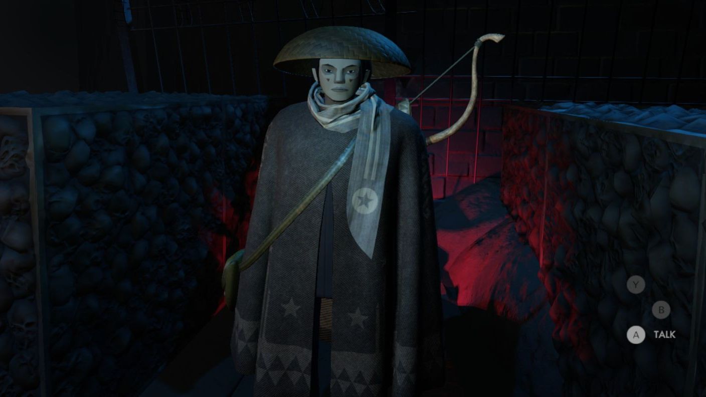 A character in Jett Given Time, a man in a robe and scarf with a bow slung across his back