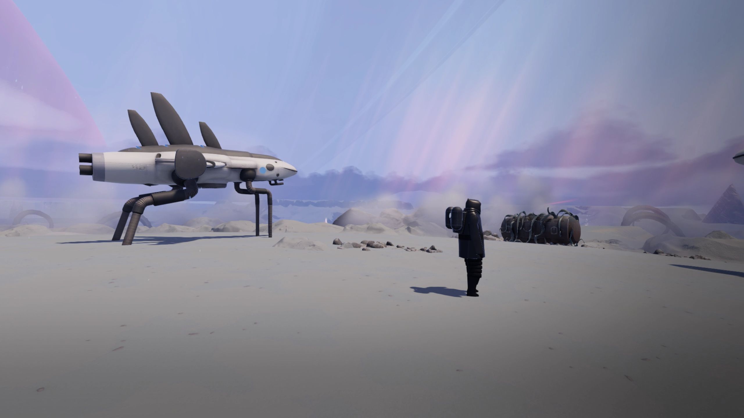 A space traveler walks next to their jet ship in Jett: The Far Shore