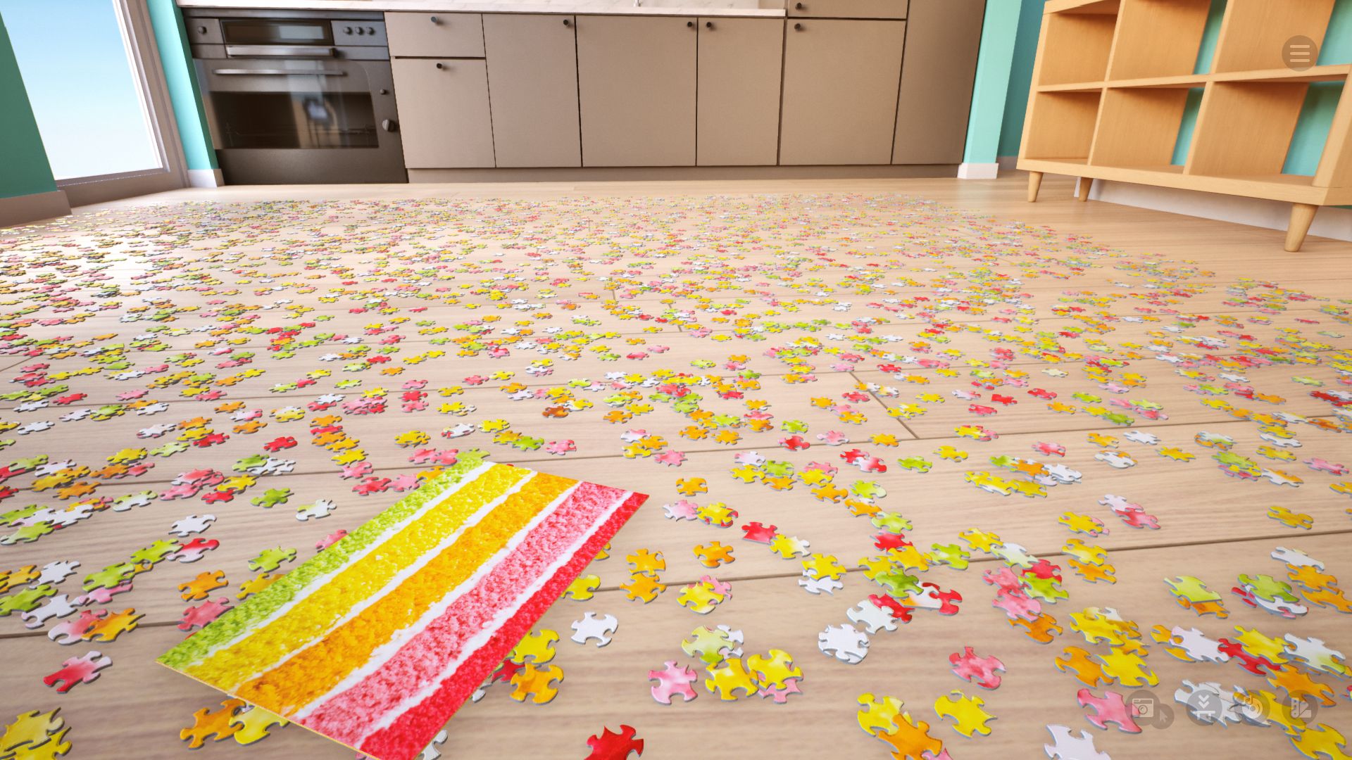 A closeup of thousands of jigsaw pieces in Jigsaw Puzzle Dreams, on the floor of a virtual flat. A small guide picture on the floor shows that this puzzle will eventually be a cross section of a rainbow cake