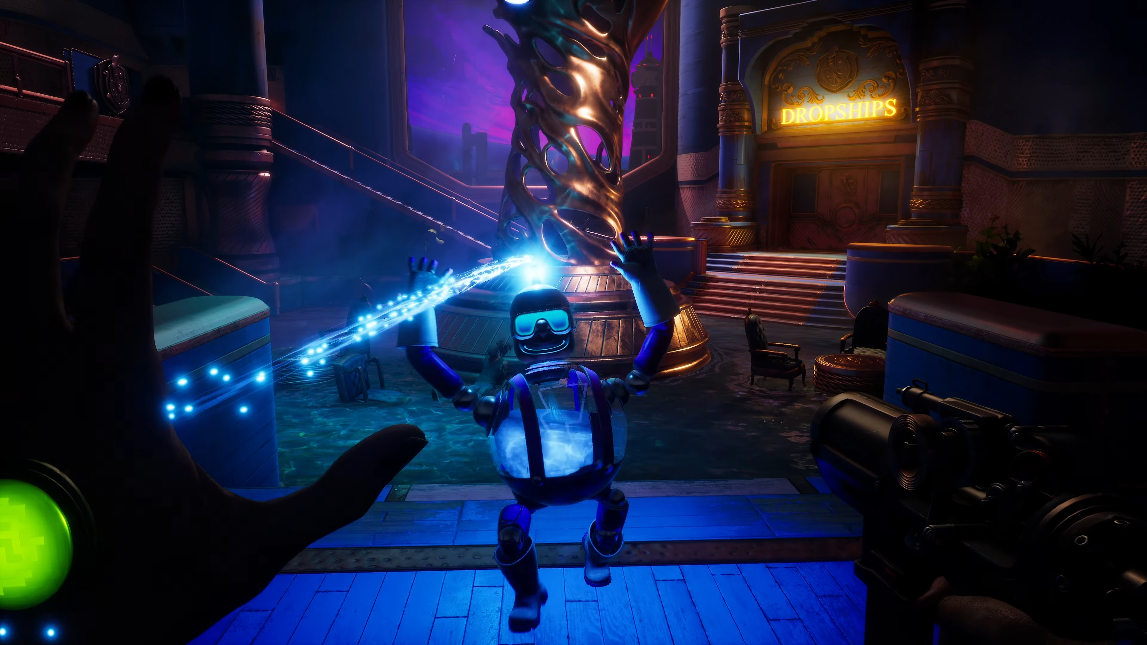 The title character of Judas fights a little rotund robot with her in-built hand weapons, against a steampunky indoor backdrop.