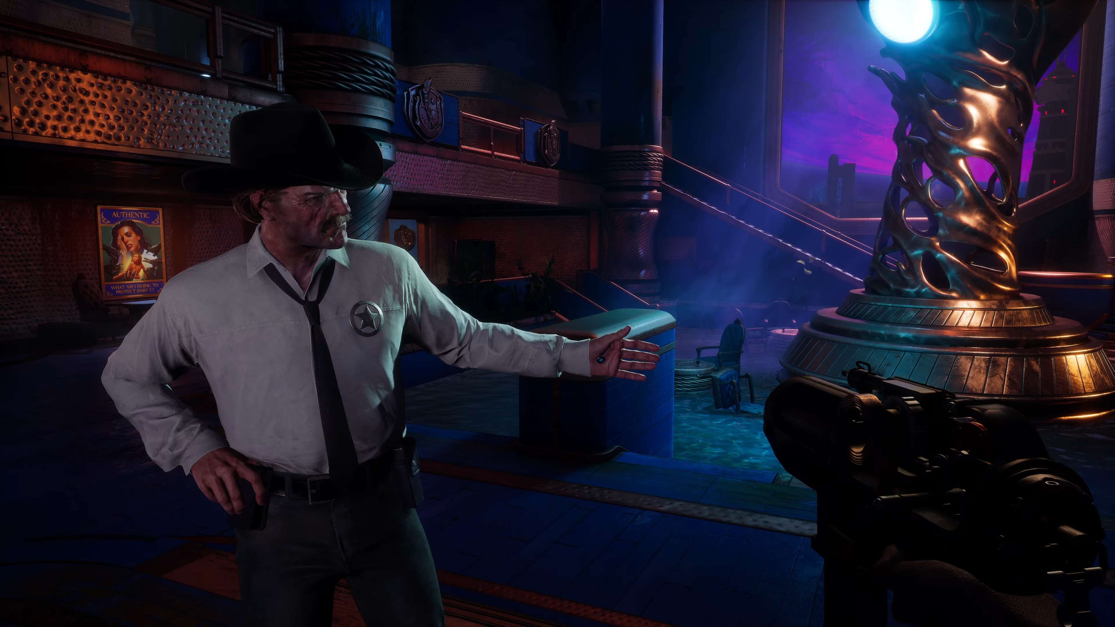 A male NPC dressed as an old west sheriff addresses the titular character of Judas, while gesturing around a flooded and dimly-lit room.