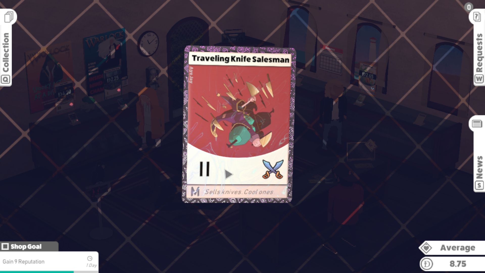 A single trading card (in the vein of Magic: The Gathering) from the game Kardboard Kings, depicting the Traveling Knife Salesman, an energetic hooded figure wearing a purple caped coat and puffy green trousers, doing the splits in mid air as various kitchen knives rain down. The salesman appears to be holding a knife in an arm sticking straight out of their hood