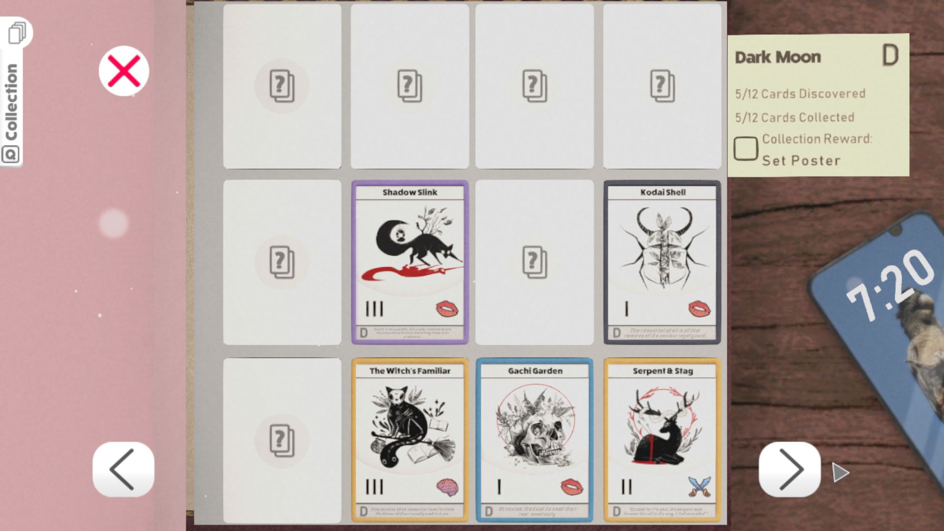 A collection of cards in Kardboard Kings, stored in a trading card binder, from a collection called Dark moon. They're black and grey line drawings of magical looking animals - a fox with trees growing out of its back, a close up of a beetle full of leaves, a cat sitting on a broom
