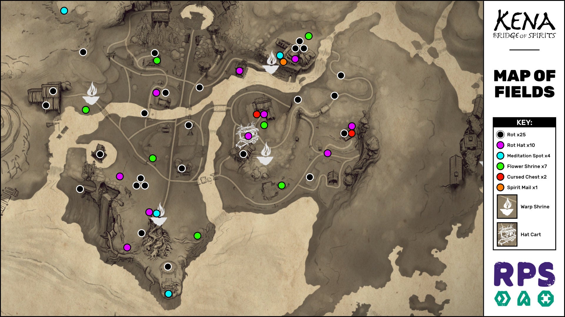 A map of the Fields area of Kena: Bridge Of Spirits with all collectible locations marked.