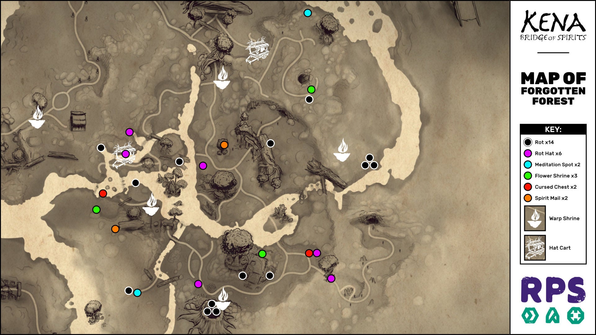 A map of the Forgotten Forest area of Kena: Bridge Of Spirits with all collectible locations marked.