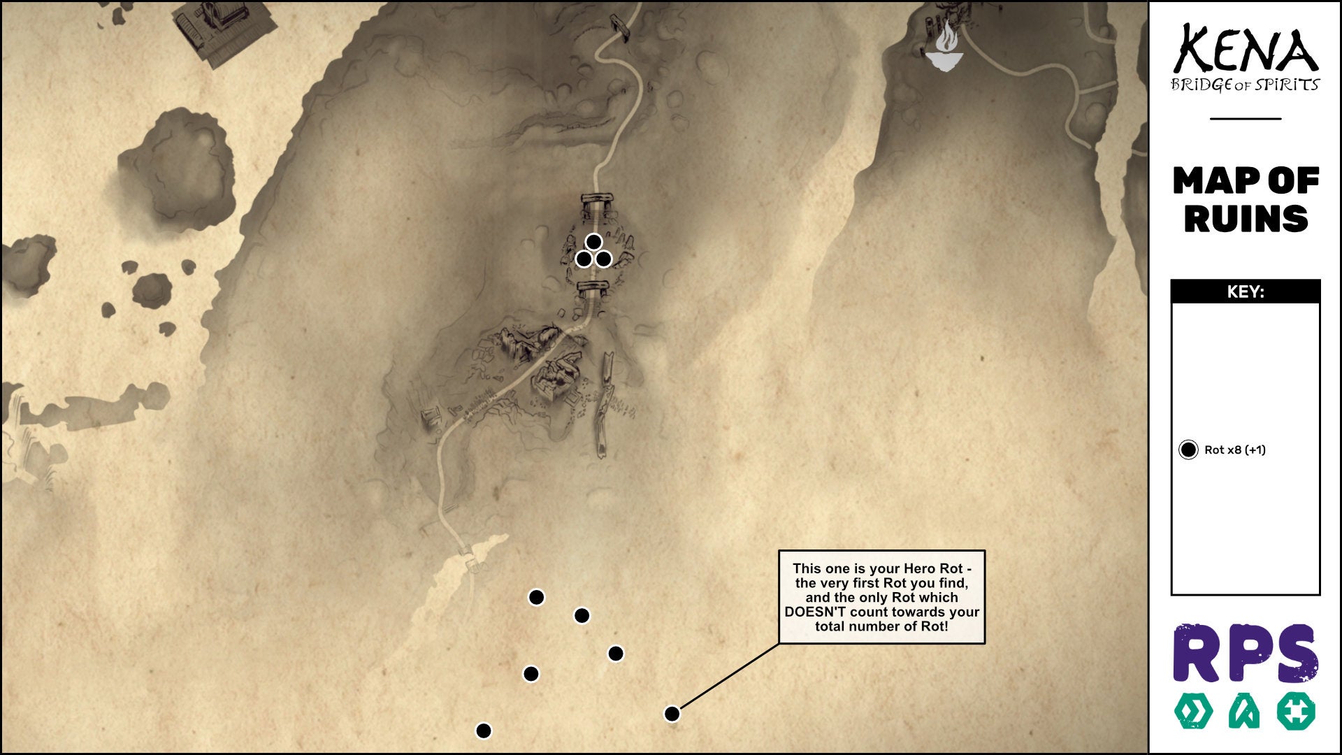 A map of the Ruins area of Kena: Bridge Of Spirits with all collectible locations marked.