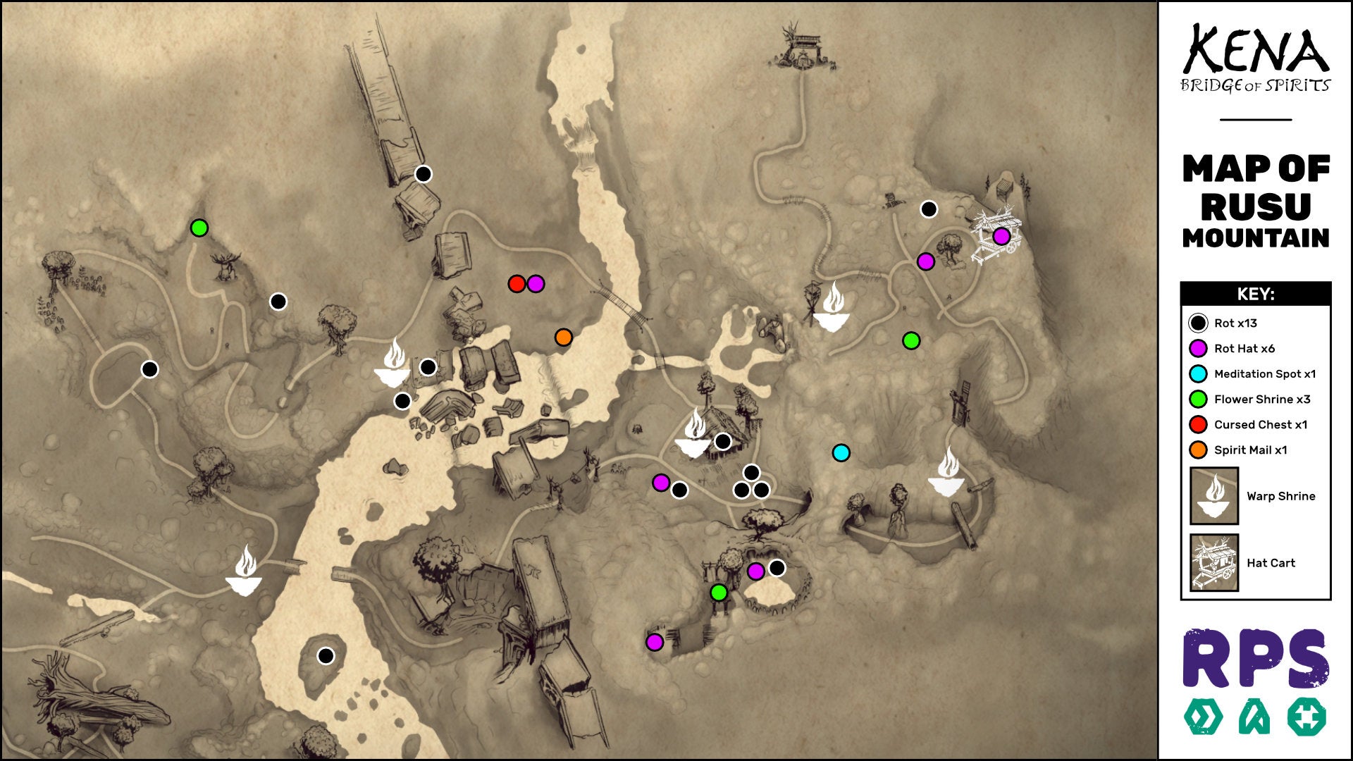A map of the Rusu Mountain area of Kena: Bridge Of Spirits with all collectible locations marked.