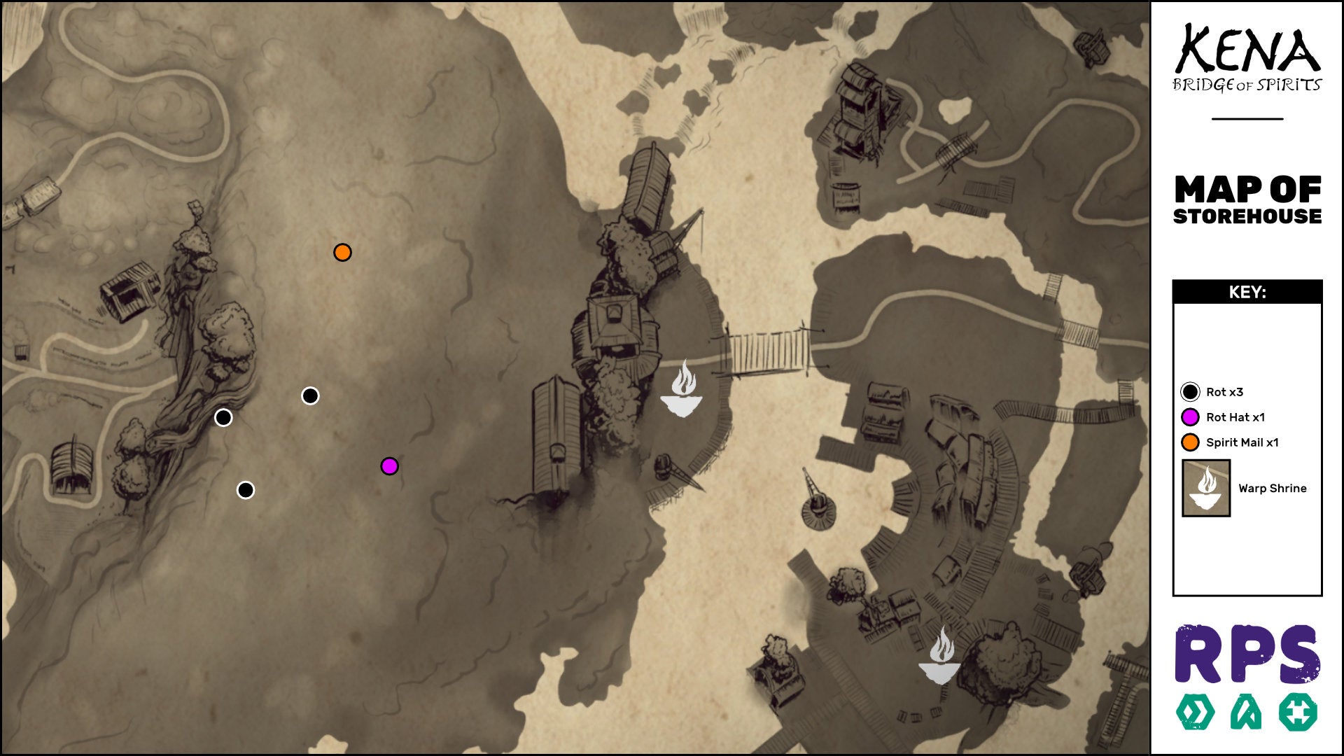 A map of the Storehouse area of Kena: Bridge Of Spirits with all collectible locations marked.