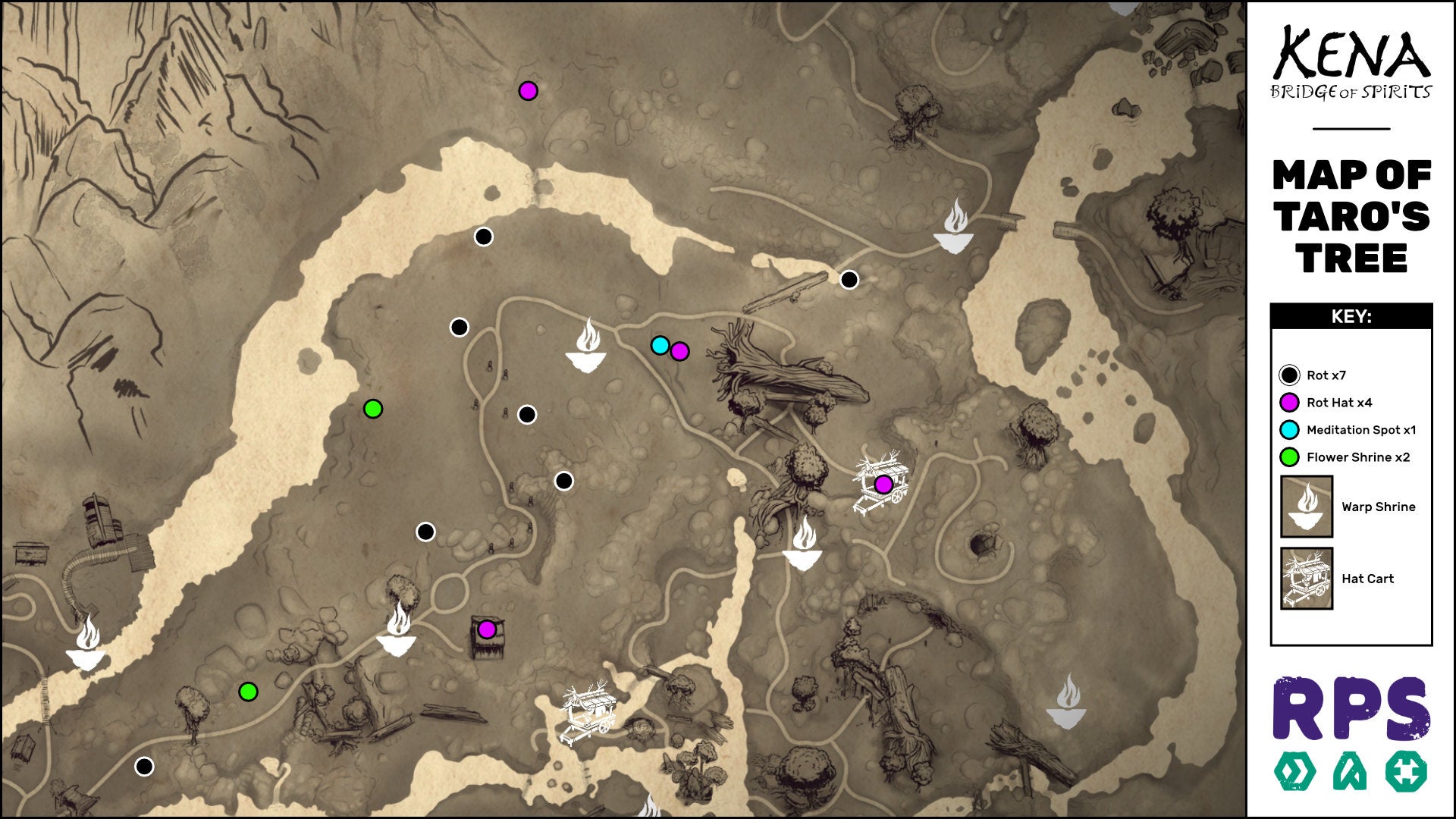 A map of the Taro's Tree area of Kena: Bridge Of Spirits with all collectible locations marked.