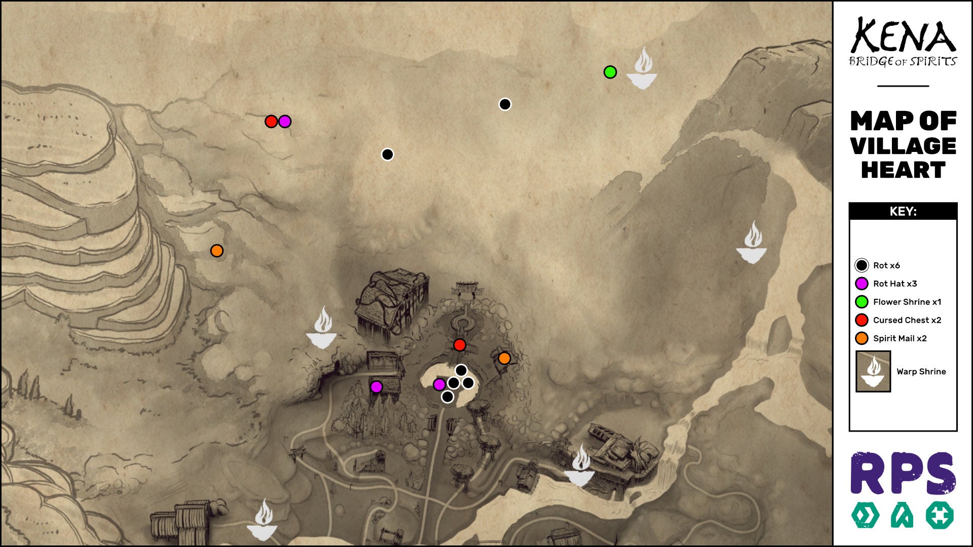 A map of the Village Heart area of Kena: Bridge Of Spirits with all collectible locations marked.