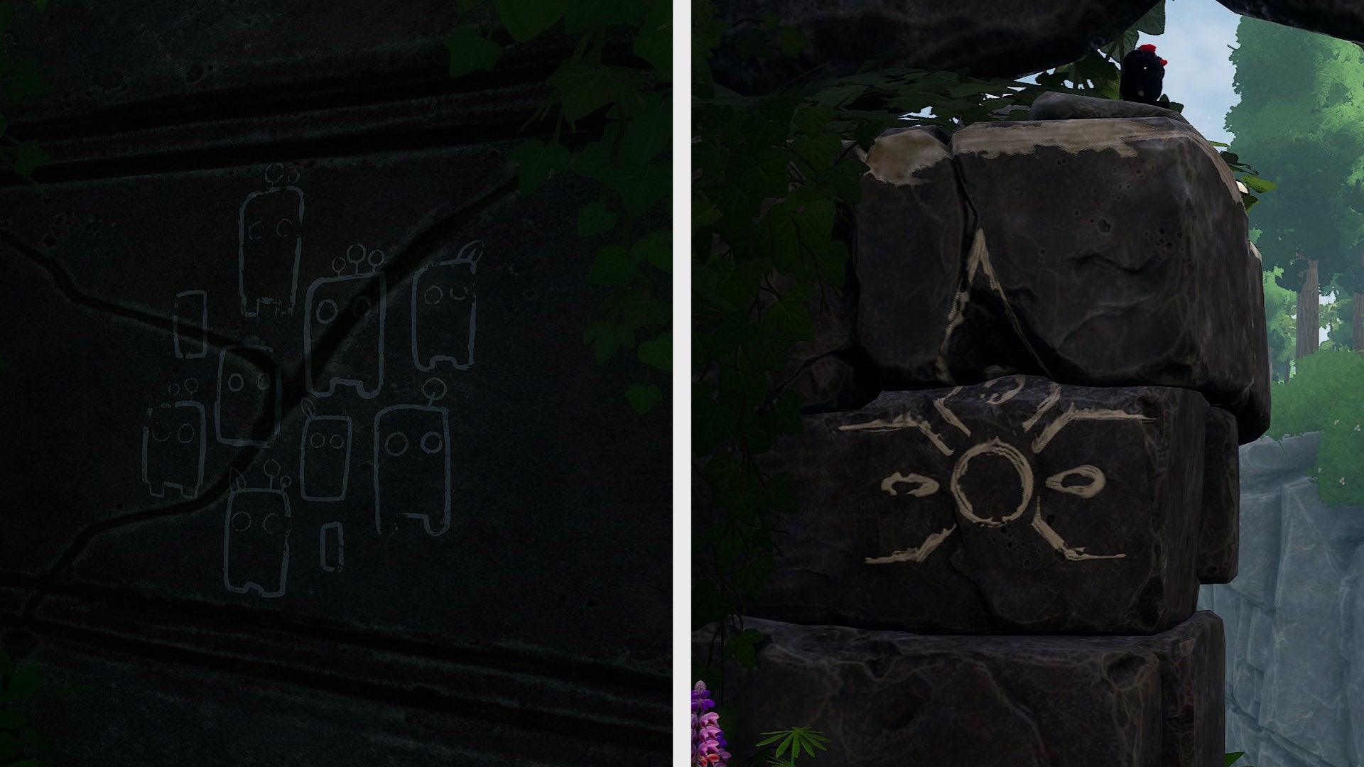 Two side-by-side examples of white painted graffiti in Kena: Bridge Of Spirits.