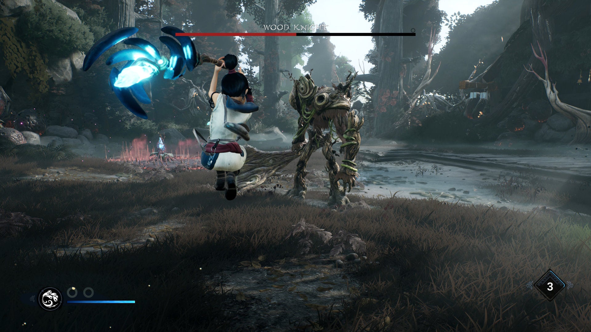 Kena: Bridge Of Spirits: Kena winds up a Rot Hammer attack against a Wood Knight.