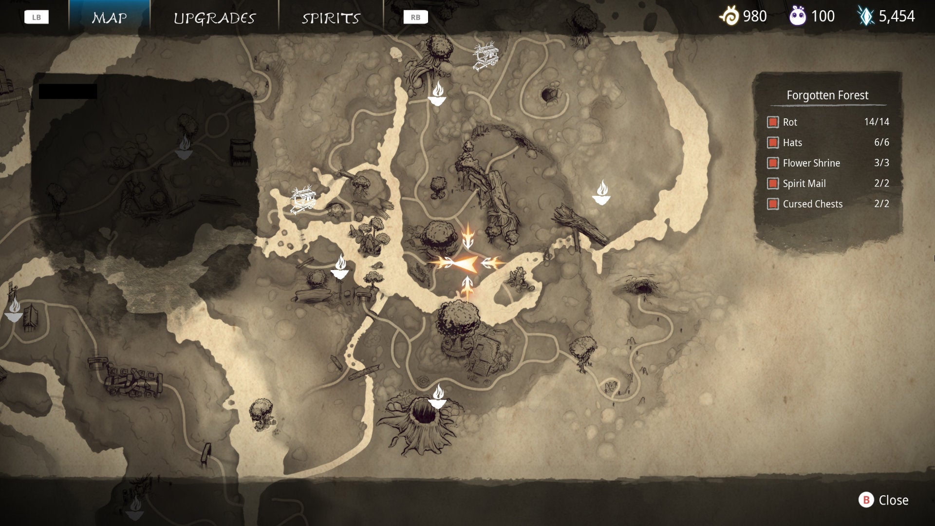 Part of the map of Kena: Bridge Of Spirits where a Spirit Mail collectible is hidden nearby.