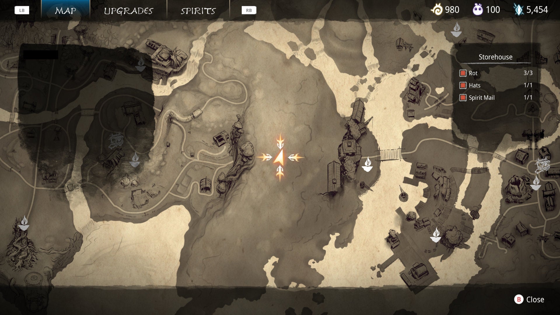 Part of the map of Kena: Bridge Of Spirits where a Spirit Mail collectible is hidden nearby.