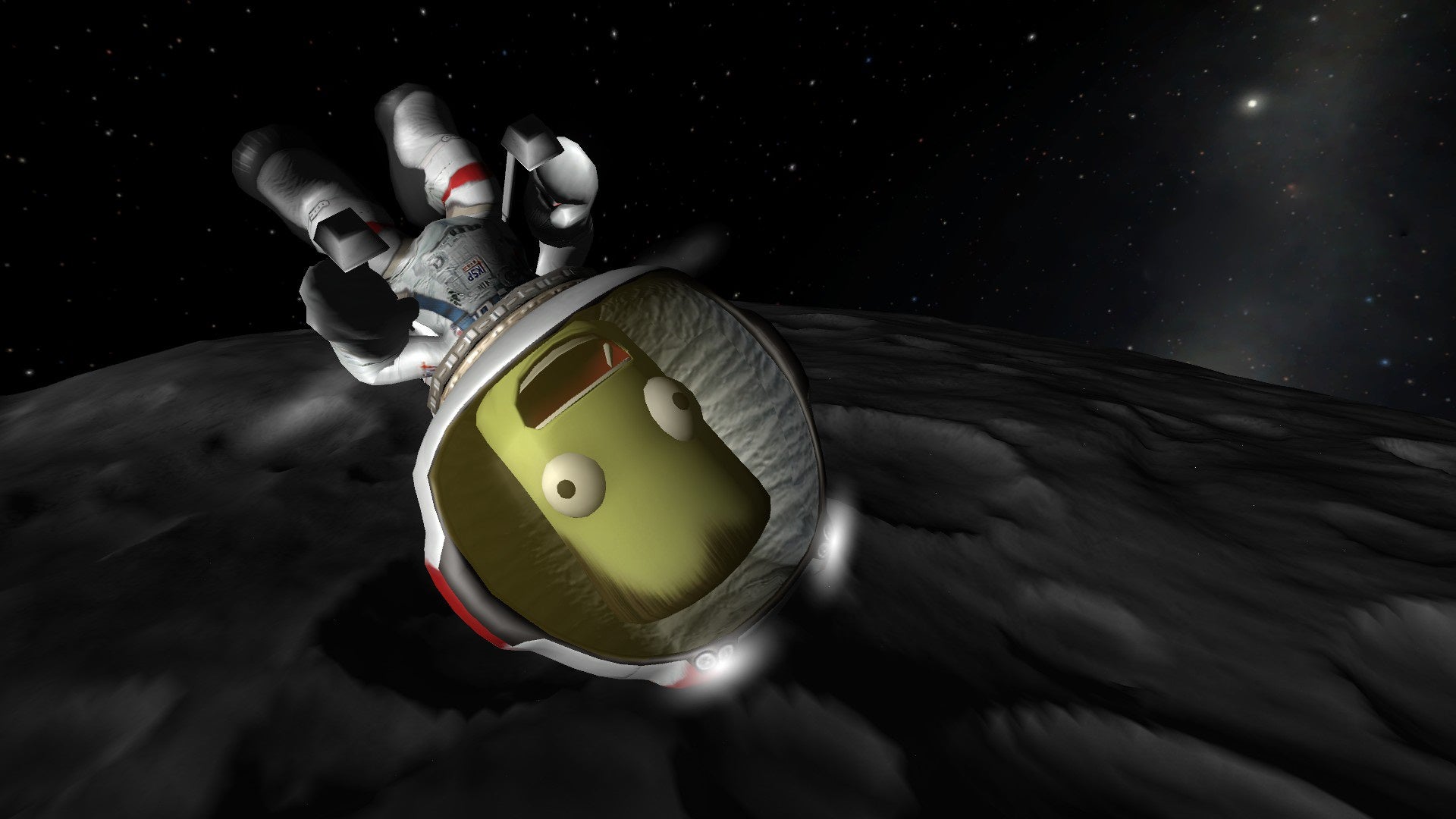 A screenshot of Kerbal Space Program showing a screaming, green Kerbal in a space suit, in the foreground, floating in space upside down.