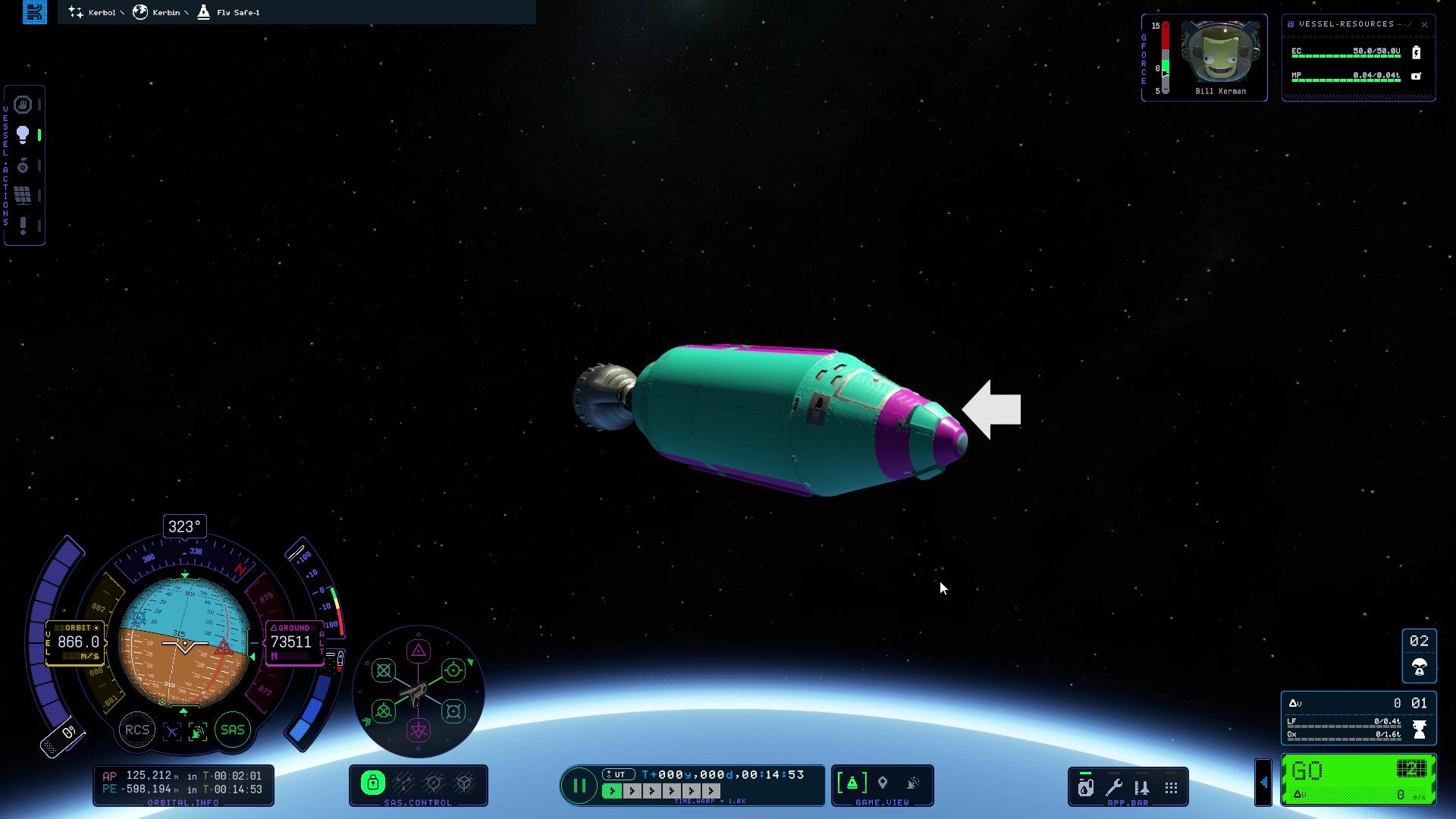 A rocket in orbit in Kerbal Space Program 2, demonstrating a navball that is half blue and half brown because of the rocket's current orientation.