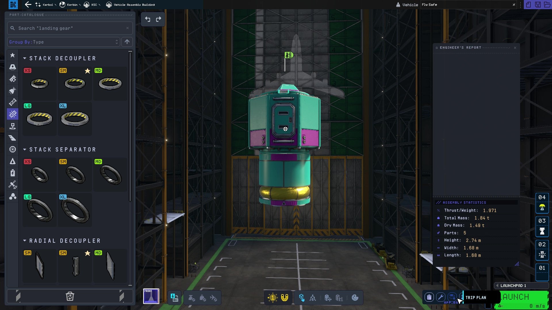 The VAB in Kerbal Space Program 2, with a ready-to-fly engineer's report displayed.