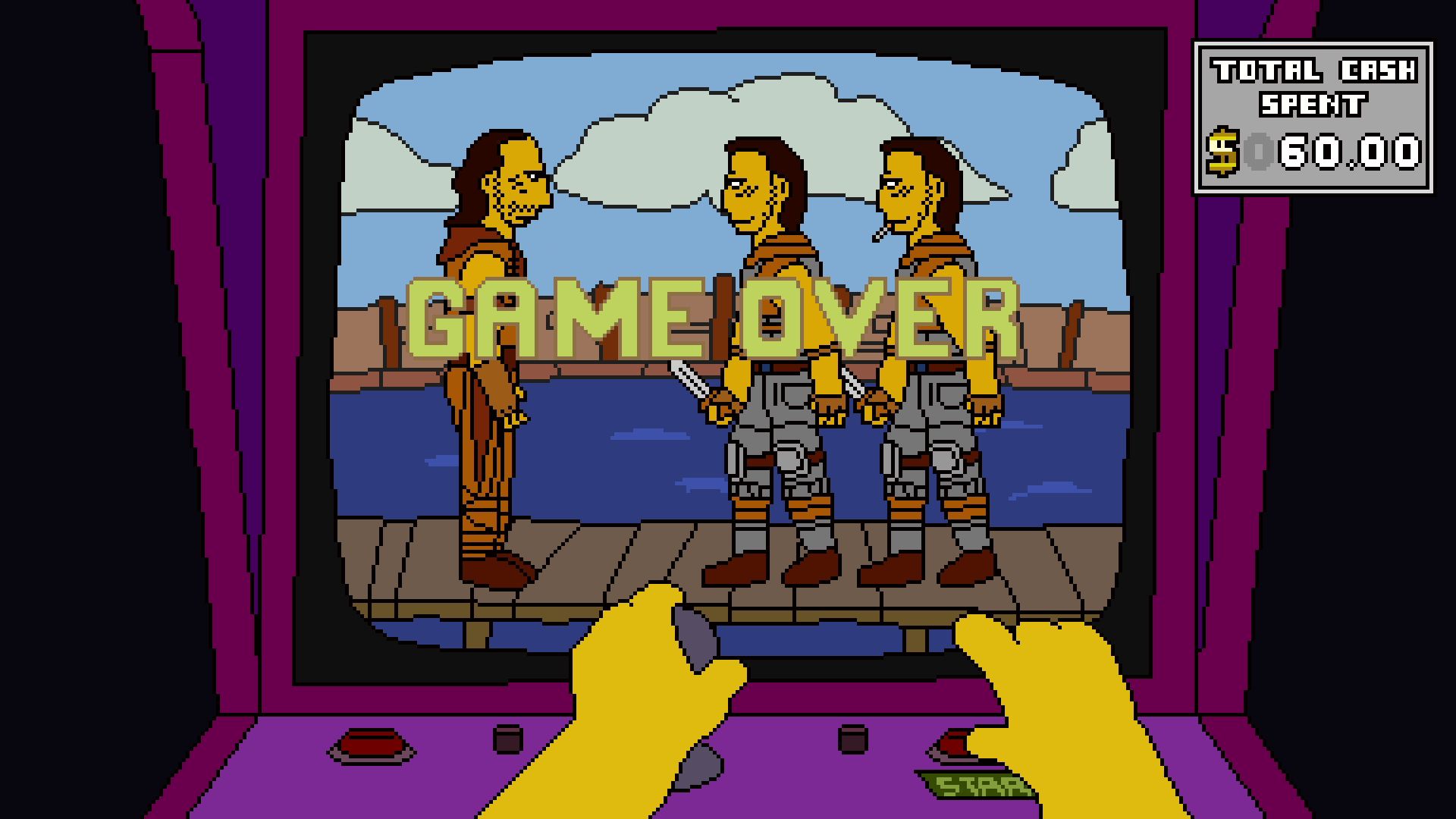 A game over screen on Kevin Costner's Waterworld - the main character has been stabbed by an enemy on the right side of the arcade cabinet screen