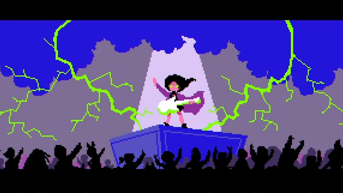 The protagonist of Keylocker stands in front of a crowd, playing a guitar as green lightning forks in the background.