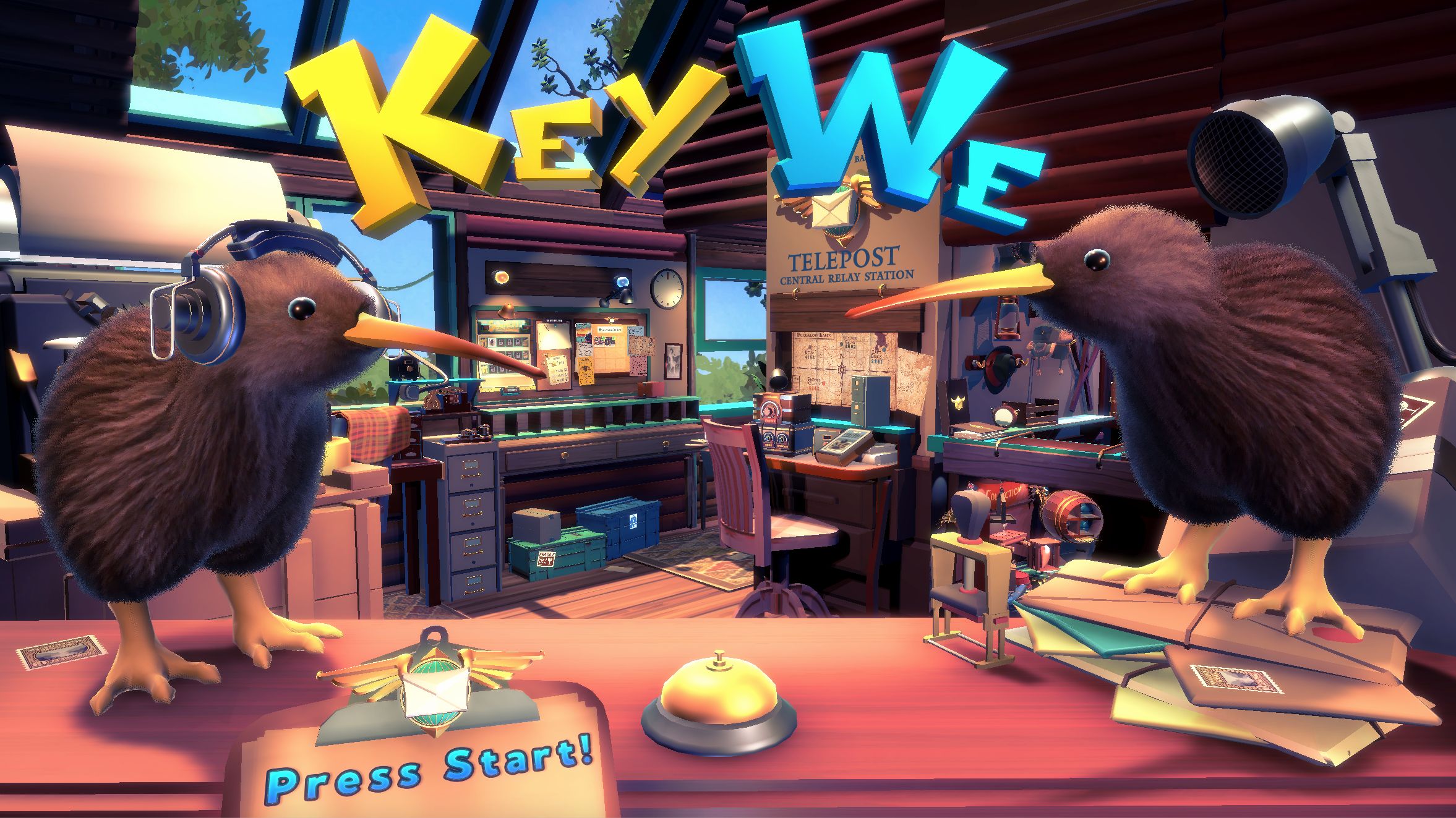 The title screen of KeyWe, showing the telepost office in the background and two kiwi birds standing on a desk in the foreground