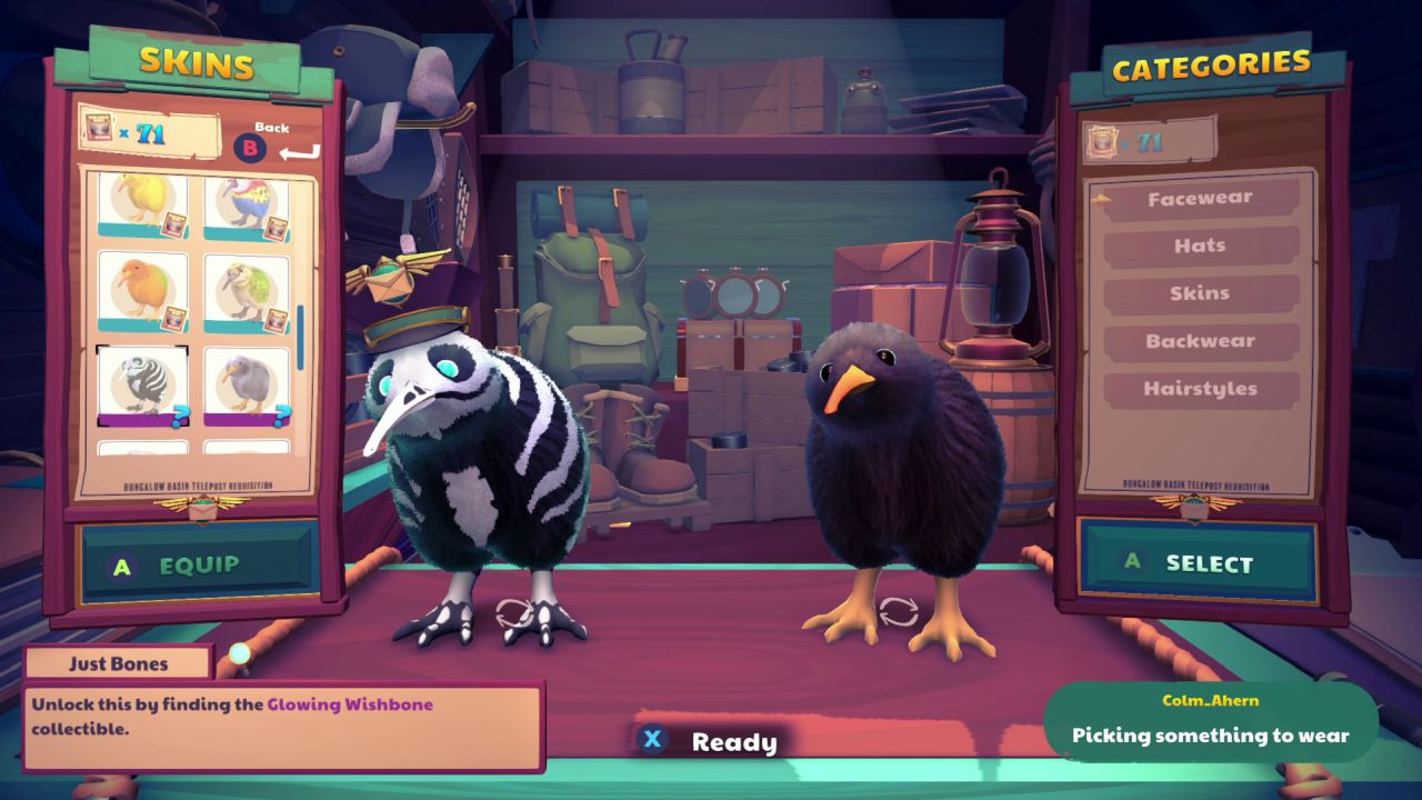 The two kiwi post workers in KeyWe, standing in the area of the game for adding and changing cosmetic items. One kiwi is trying on a skin that makes their fur look like a skeleton