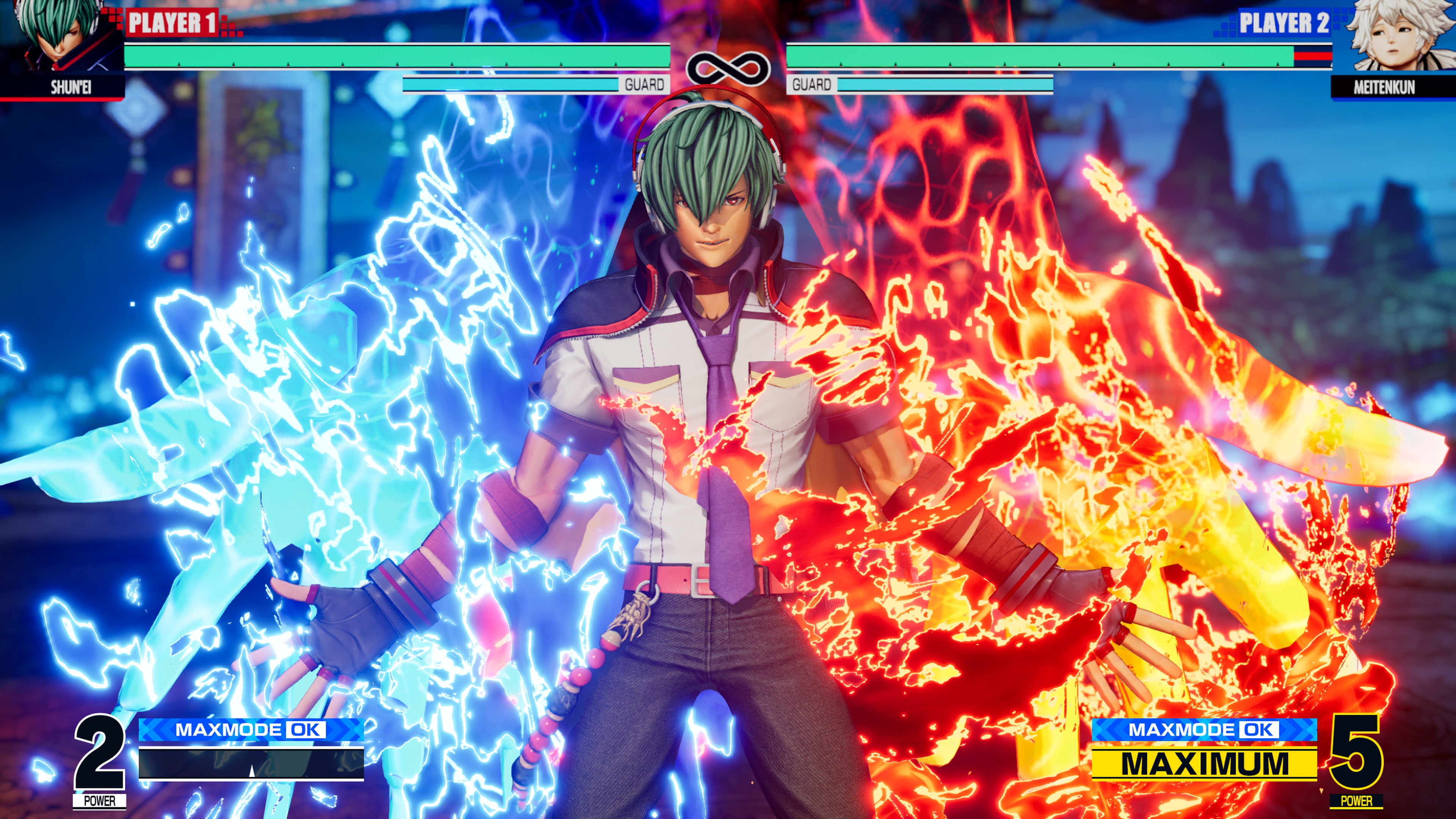 A screenshot of King Of Fighters XV showing Shun'ei, wearing a short sleeved shirt, tie, wallet chain and mini cape, wielding red and blue spectral... hands? Wings? He looks like a magic skate punk bus driver, honestly.