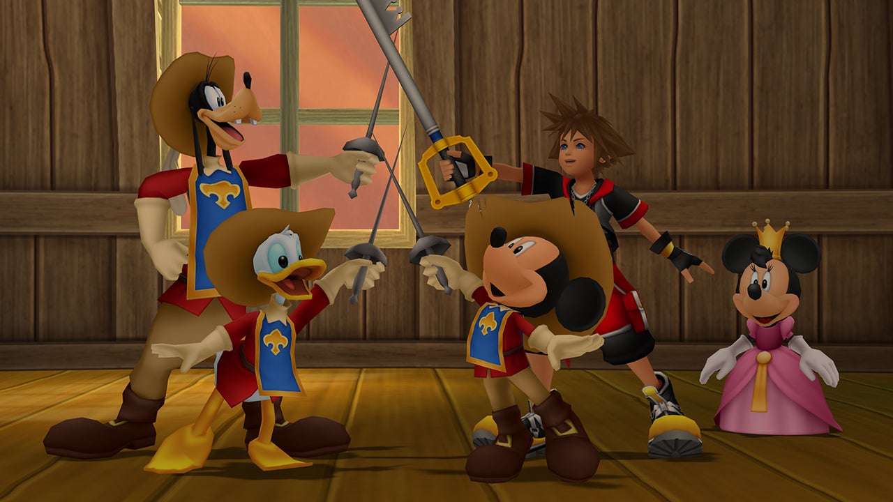 Sora, Mickey Mouse, Goofy, Donald Duck and Minnie Mouse joining swords as the three musketeers