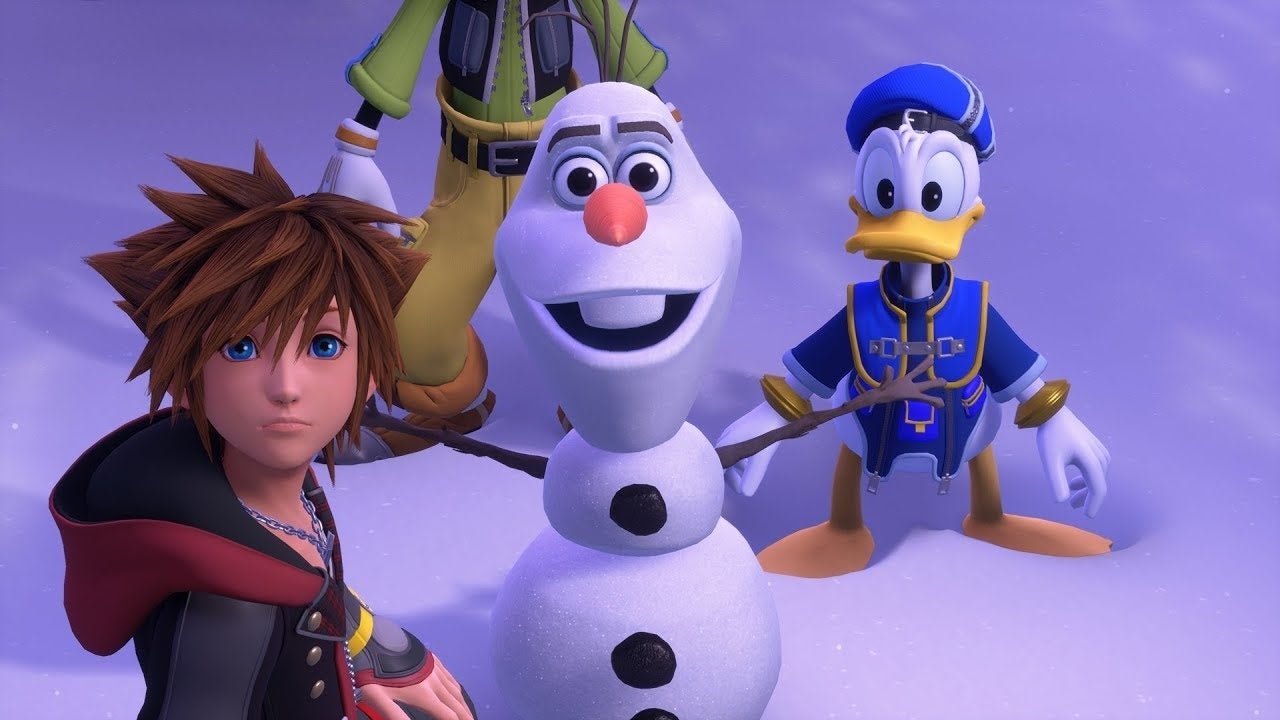A screenshot of Kingdom Hearts 3 showing Olaf and other Disney characters.