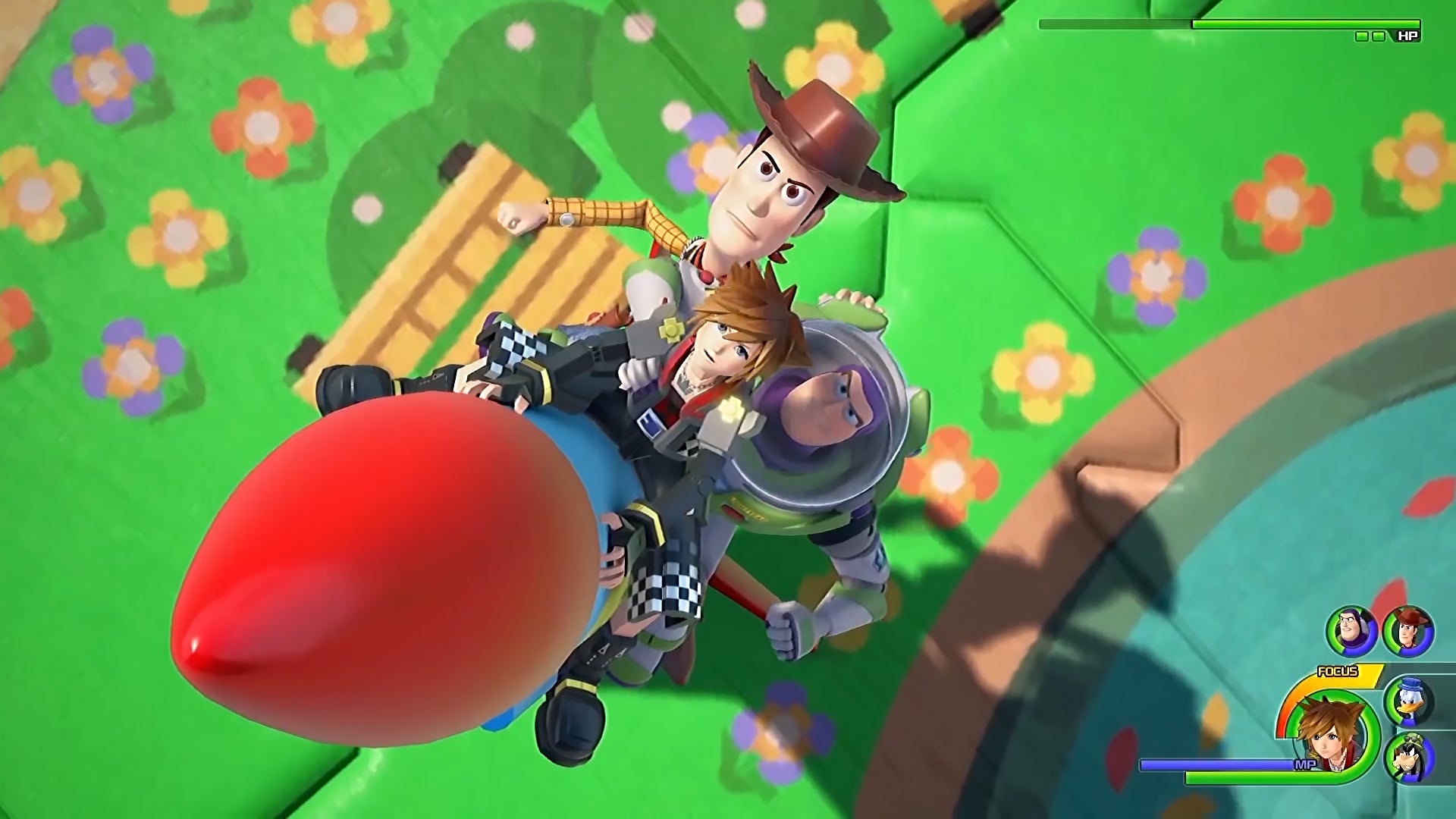 A screenshot from Kingdom Hearts 3 that shows Sora, and Toy Story's Woody and Buzz Lightyear, riding a rocket