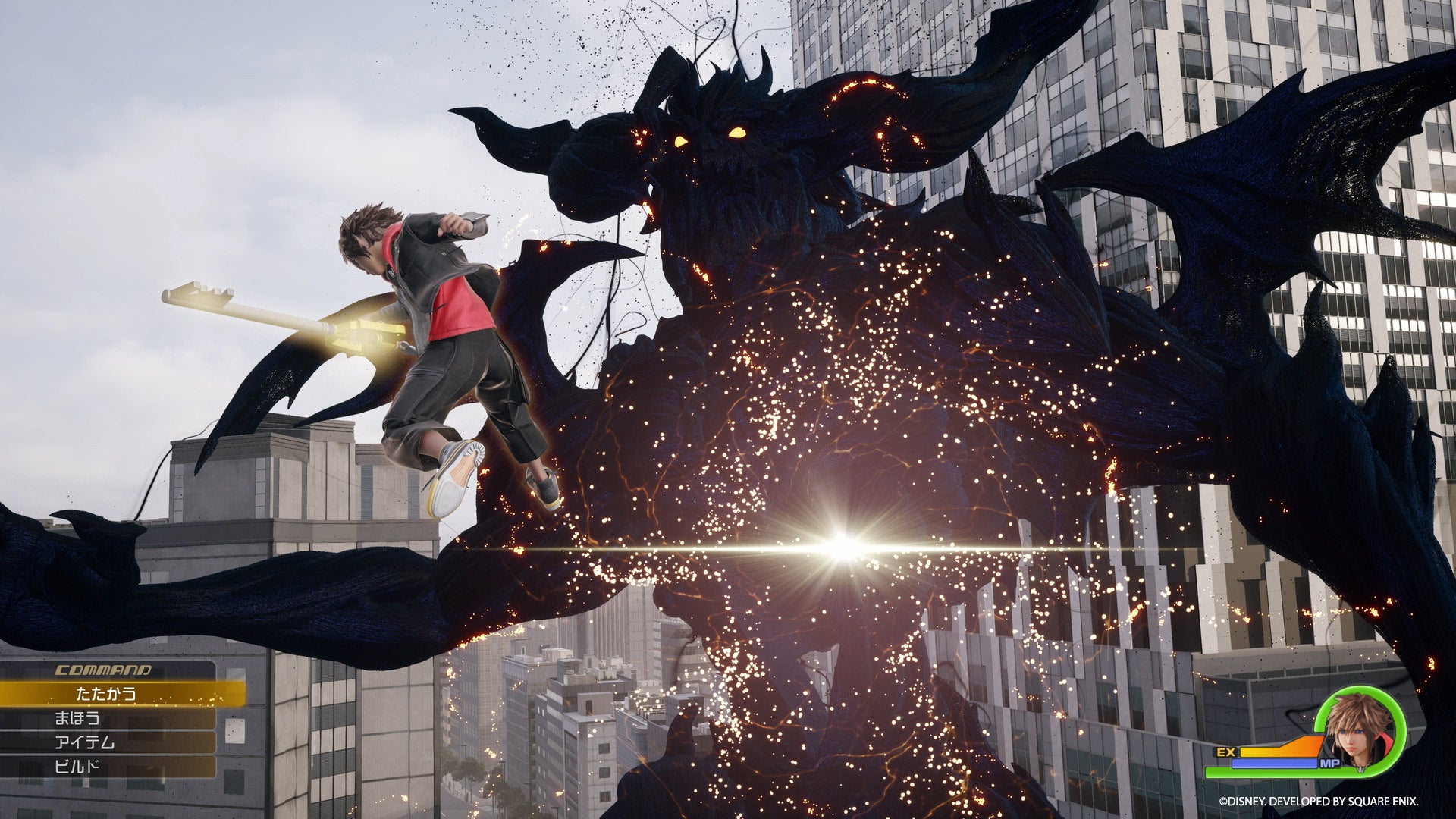Battling a giant Darkness monster in a Kingdom Hearts 4 screenshot.