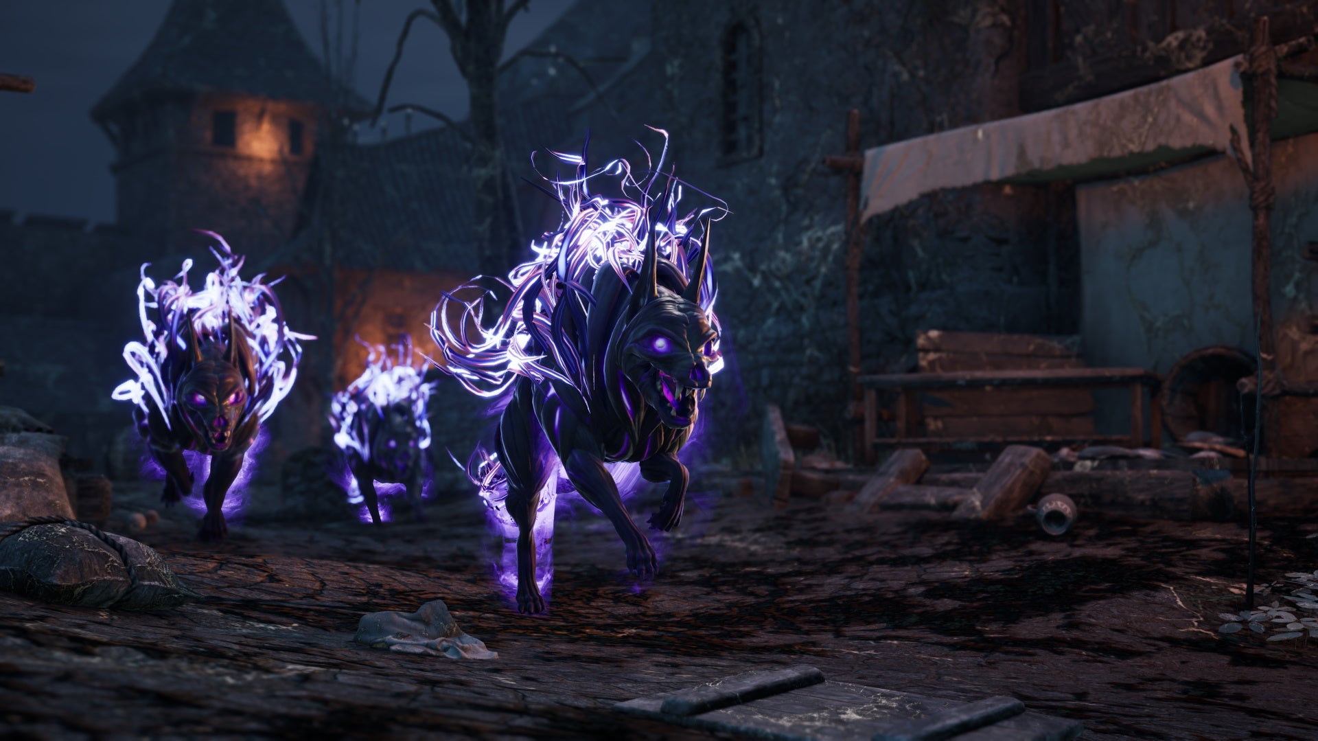 An image from King's Bounty 2 which shows three purple demon dogs running along a dark path.