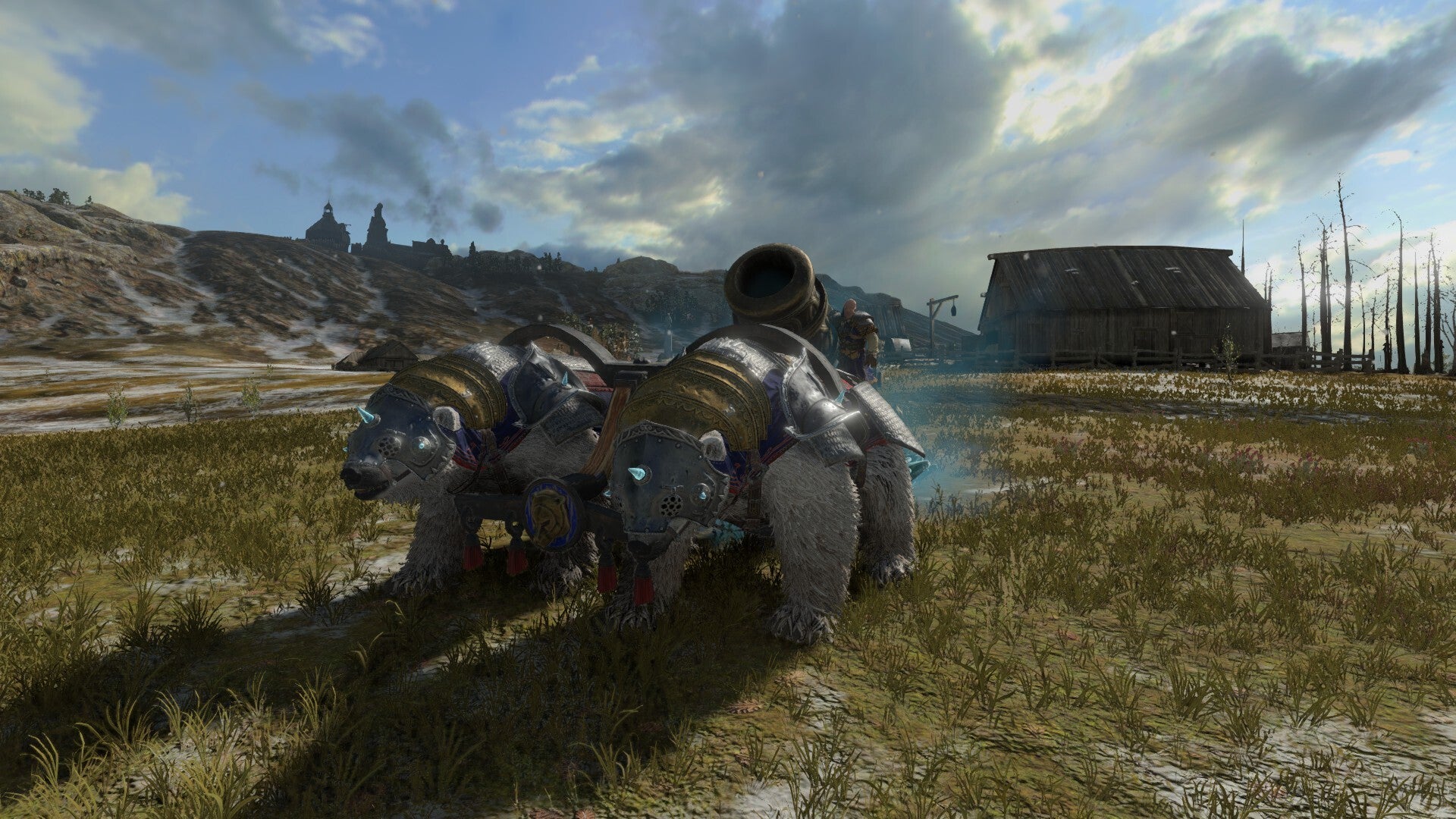 Little Grom, a huge artillery cannon pulled by polar bears, in Total War: Warhammer 3.