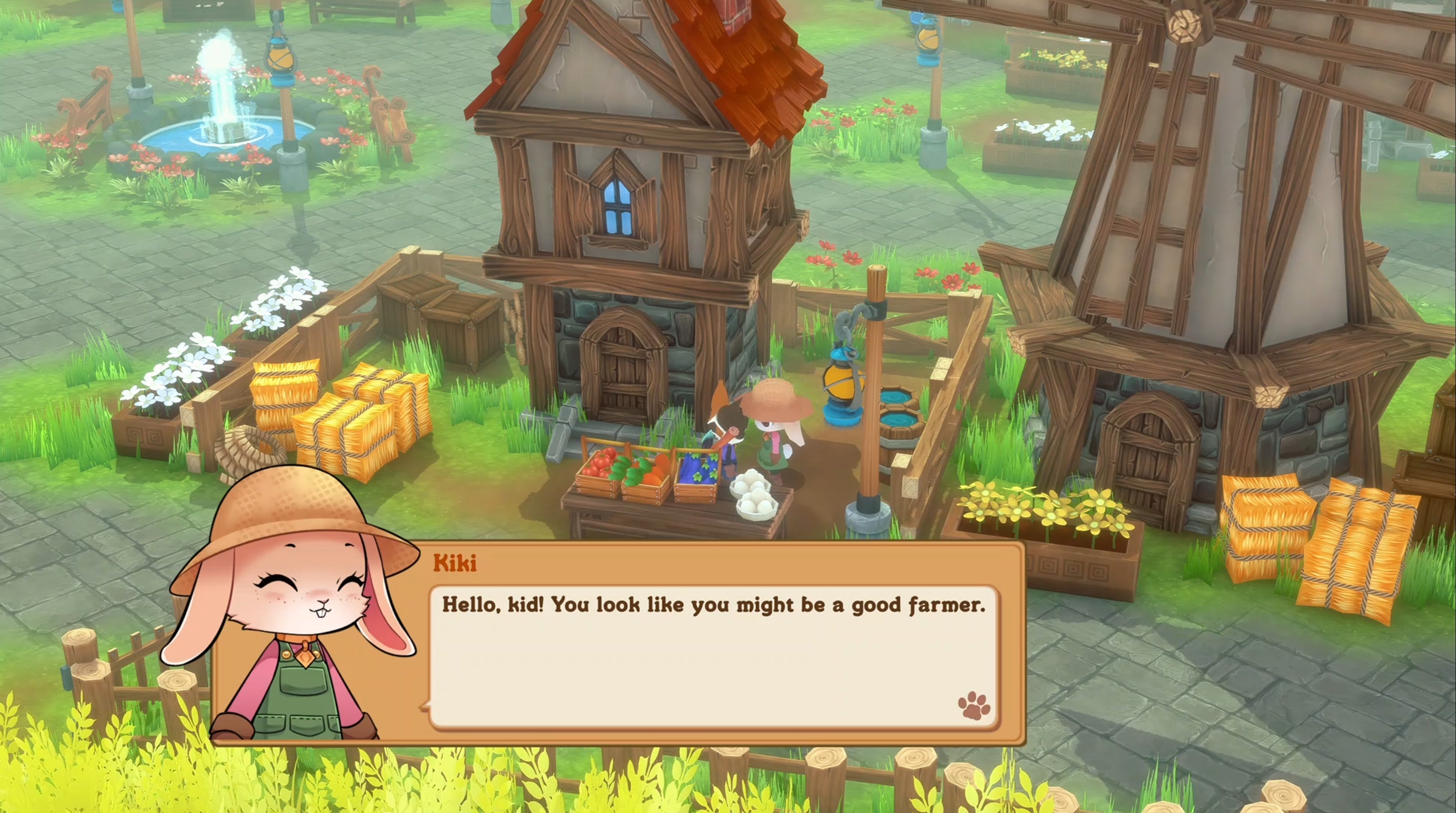 A screenshot of Kitaria Fables showing a cute house, windmill, and a rabbit who is telling the player - a cat - that they look like they would be a good farmer.