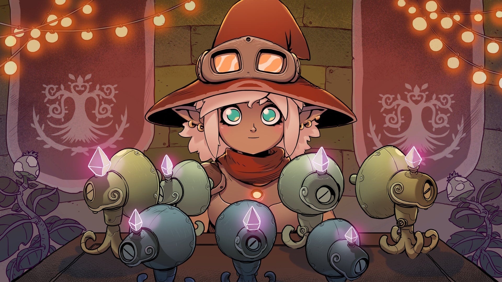 A witch with a big red hat and goggles stands in front of a row of magical microphones in The Knight Witch