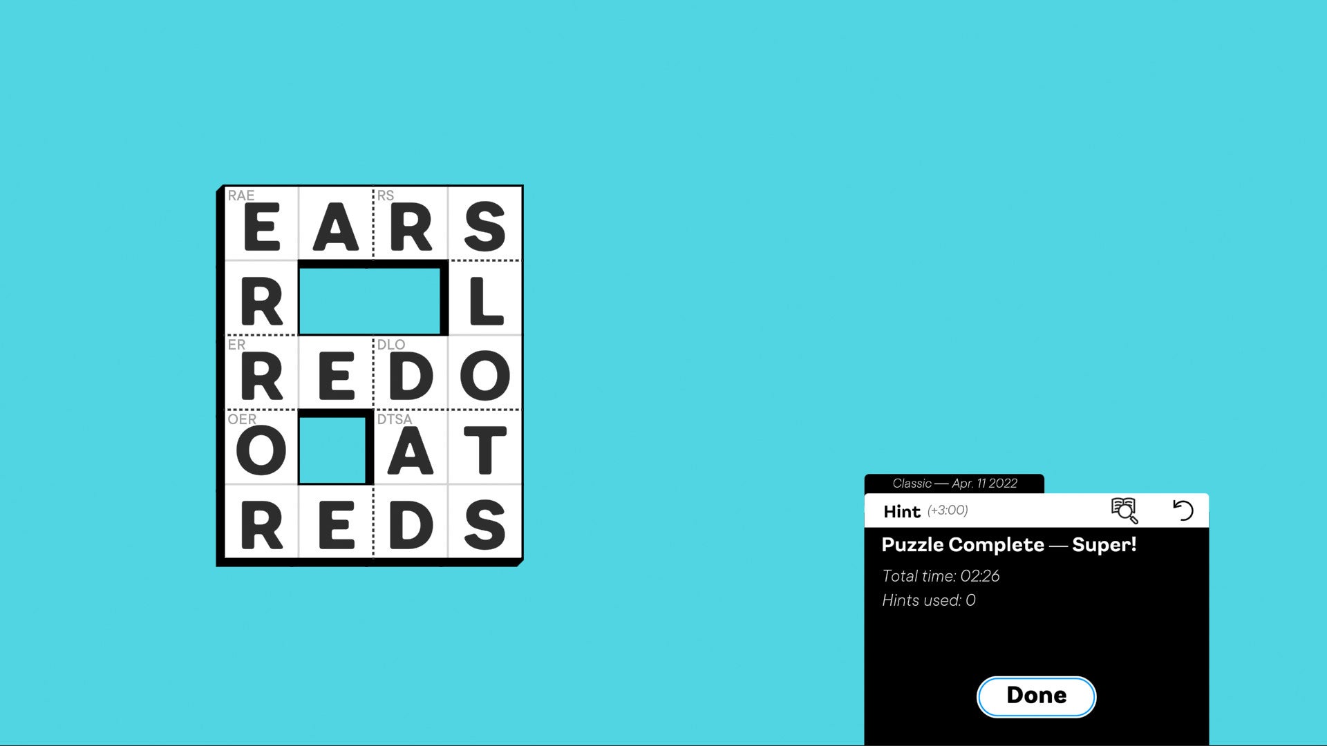 A screenshot of Knotwords, a crossword-style logic puzzle game, showing a single puzzle screen against a pale blue background.