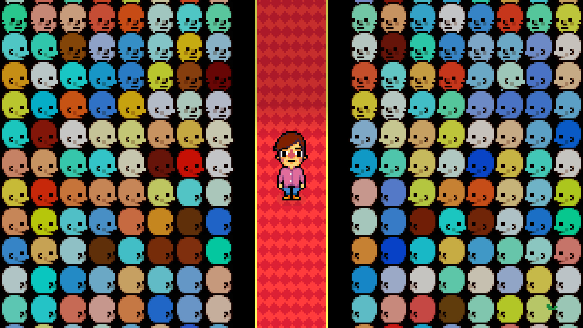 A small pixel man stands on a red carpet amid a sea of colourful faces in Knuckle Sandwich