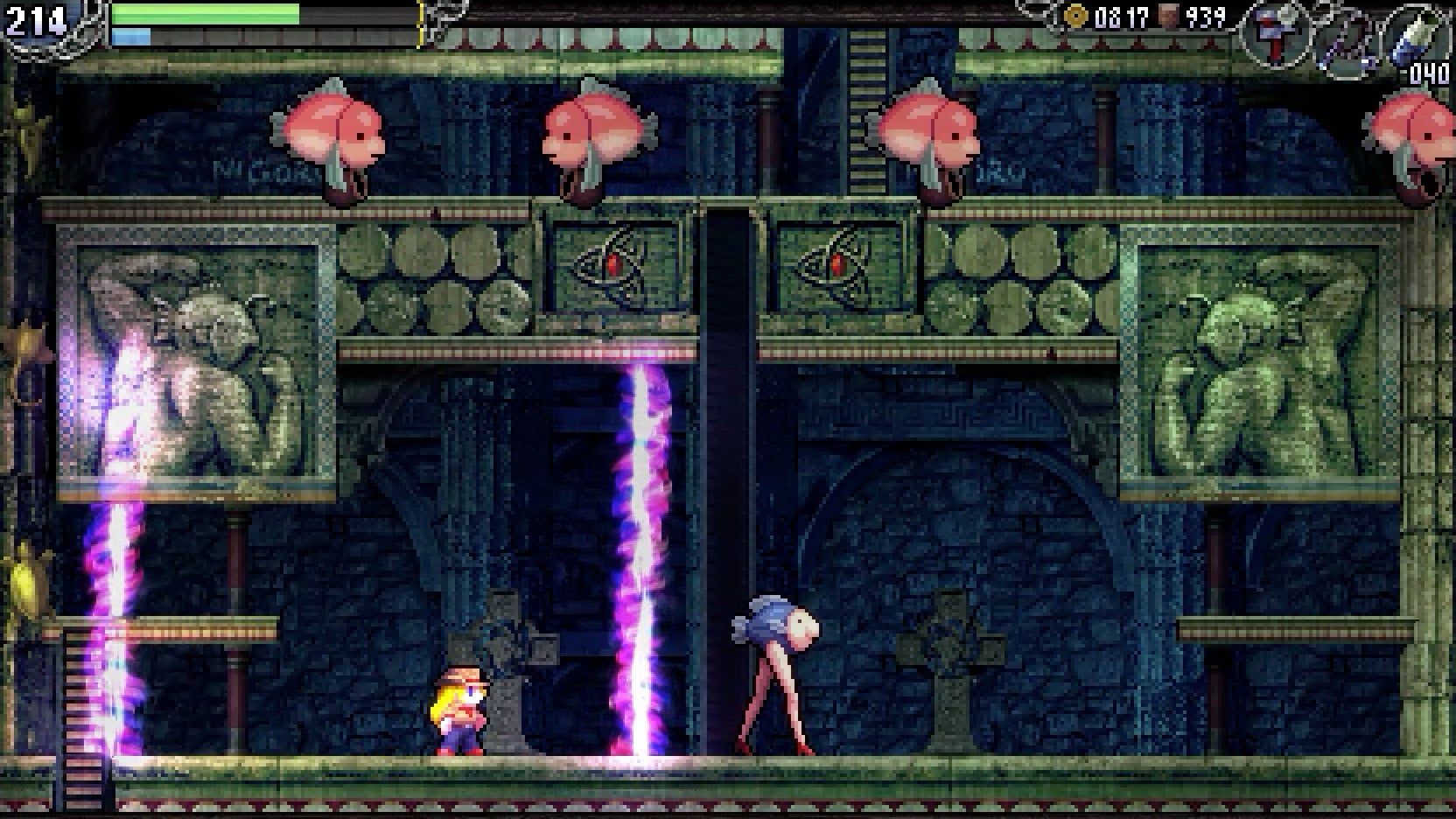 A fishy room in La-Mulana 2 -The Tower of Oannes-, including a fish walking on human legs with red high heels.