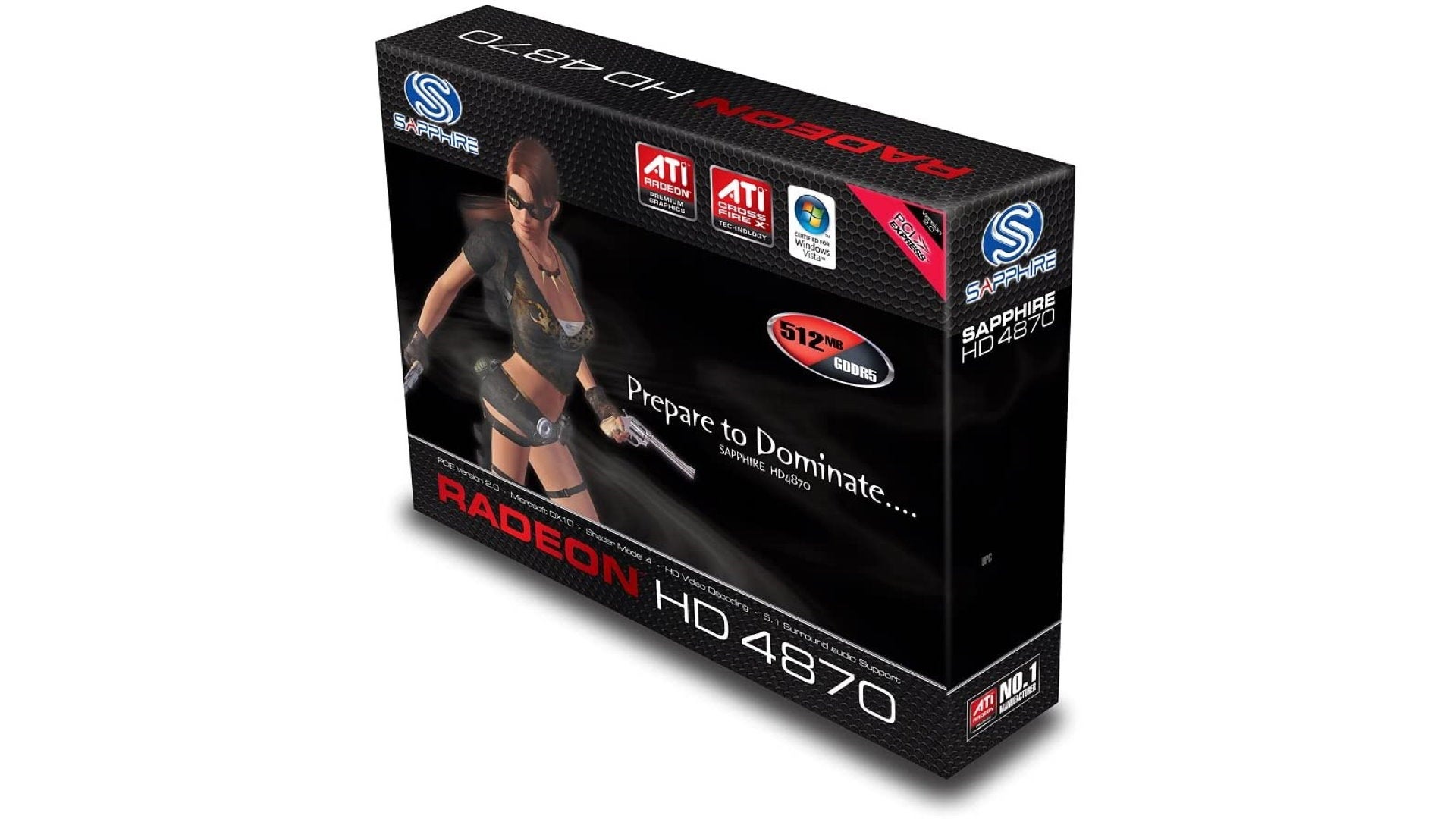 A graphics card box for Sapphire's Radeon HD 4870 depicting a woman who looks suspiciously like Lara Croft holding a gun