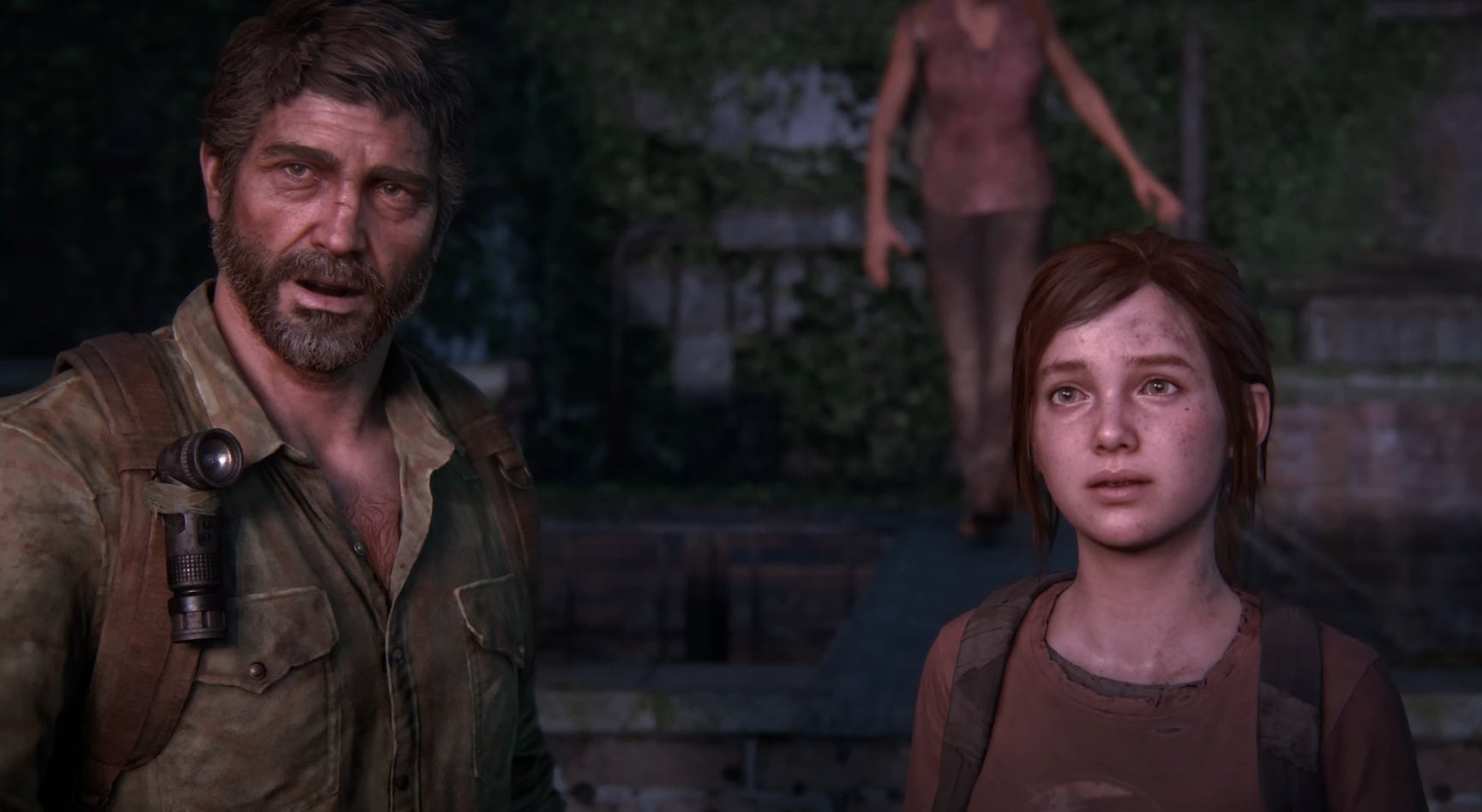 Beardy man Joel and young girl Ellie gaze out towards the camera, over an unseen cityscape, in The Last Of Us: Part 1.