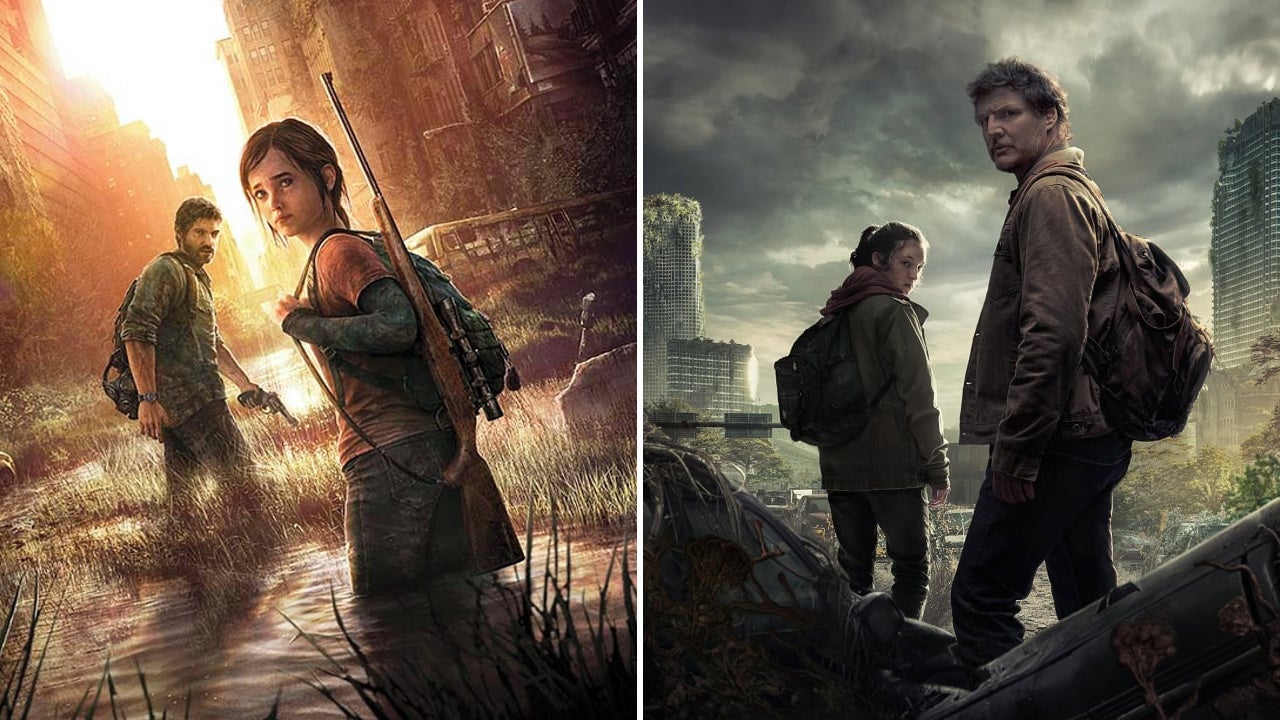 Artwork for The Last Of Us from the game and the HBO TV show, showing Joel and Ellie staring back over their shoulders