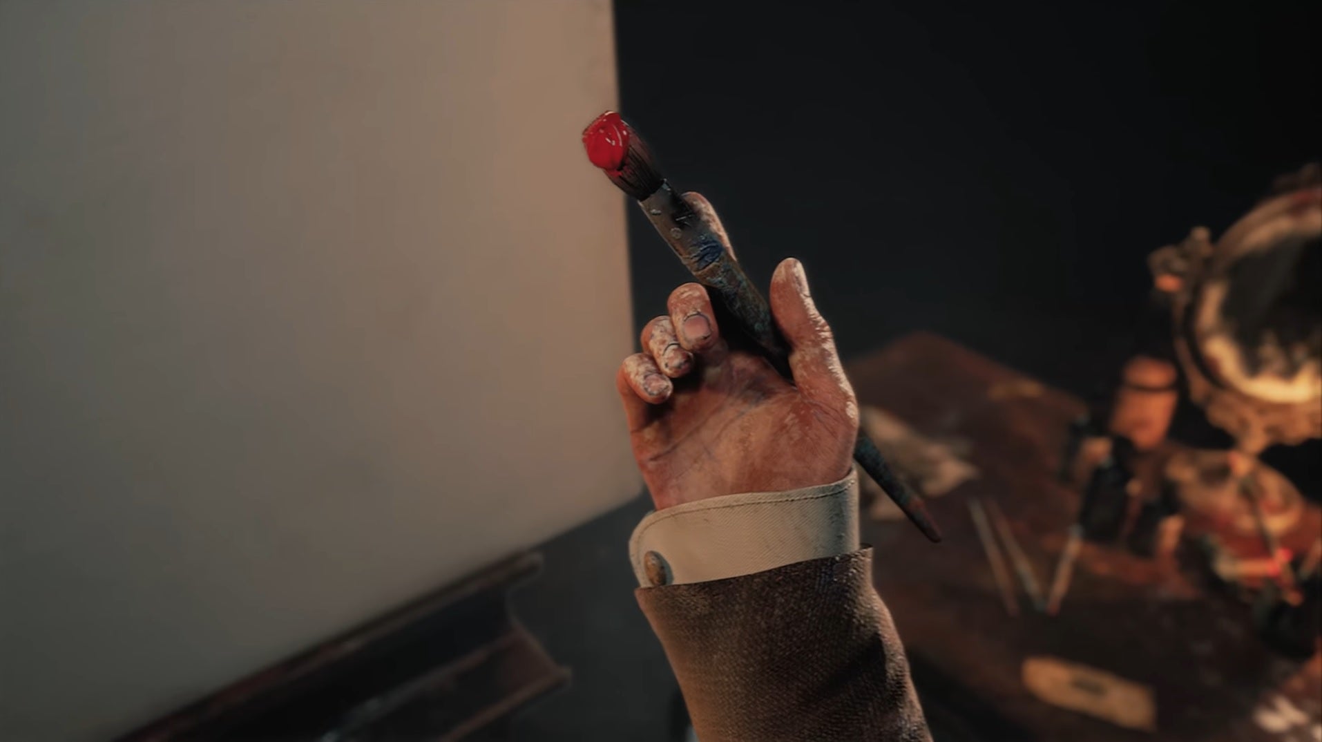 Layers Of Fear 3 teaser trailer - A man's hand holds a paint brush that drips red paint onto his hand