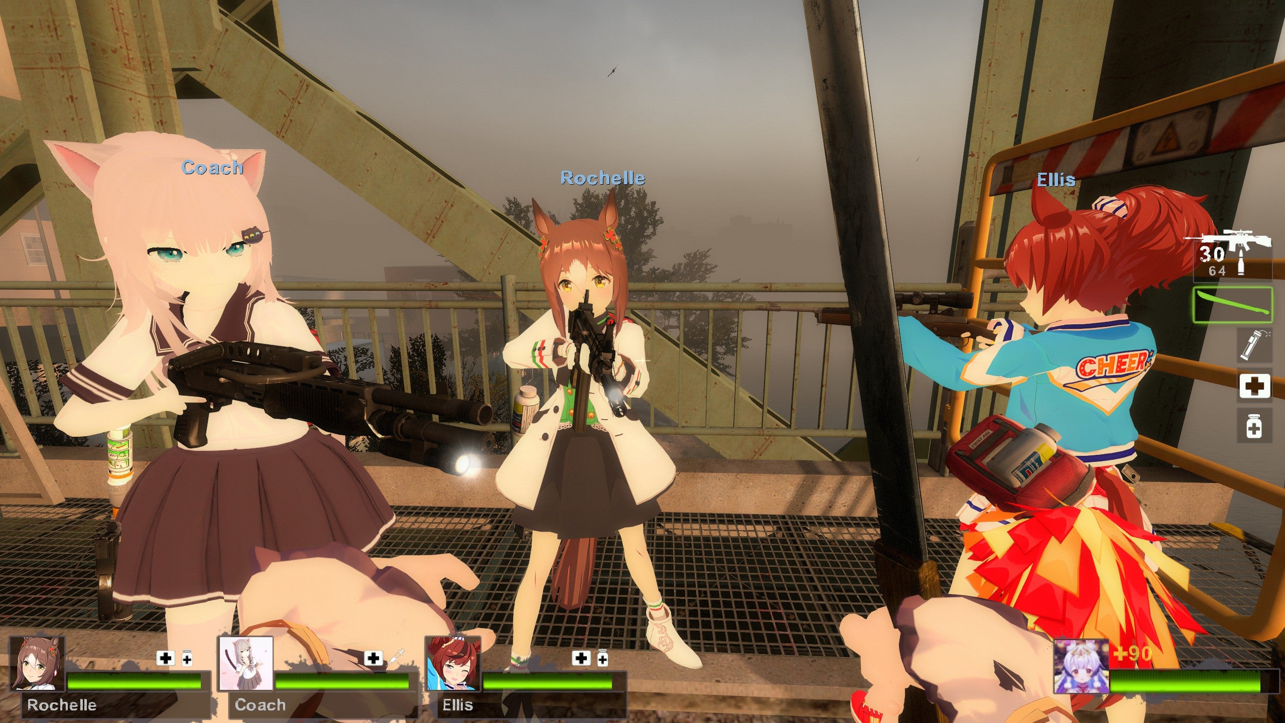A squad of tooled-up anime girls in a modded Left 4 Dead 2 screenshot.