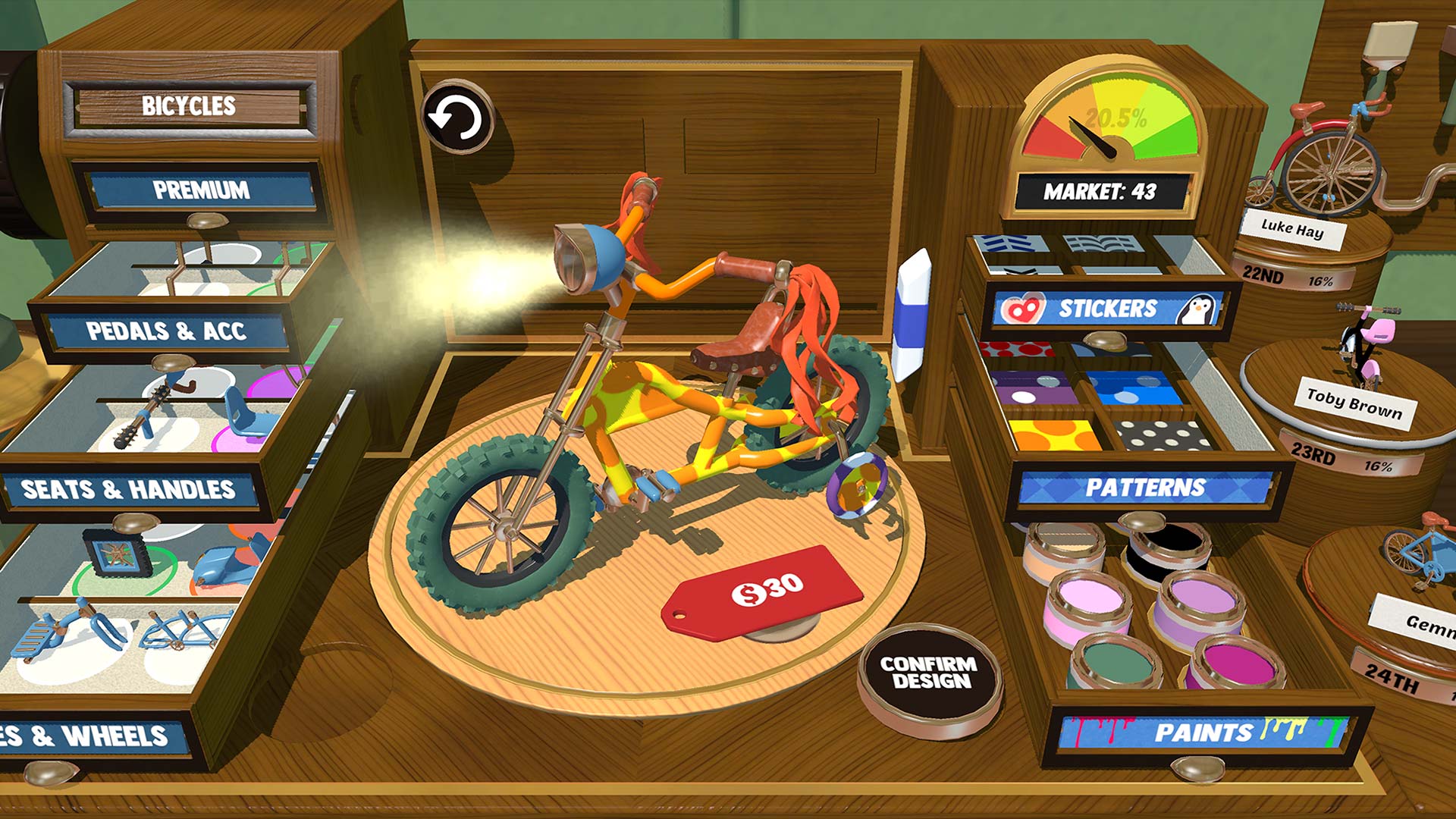 Decorating a children's bicycle in a Legacy screenshot.