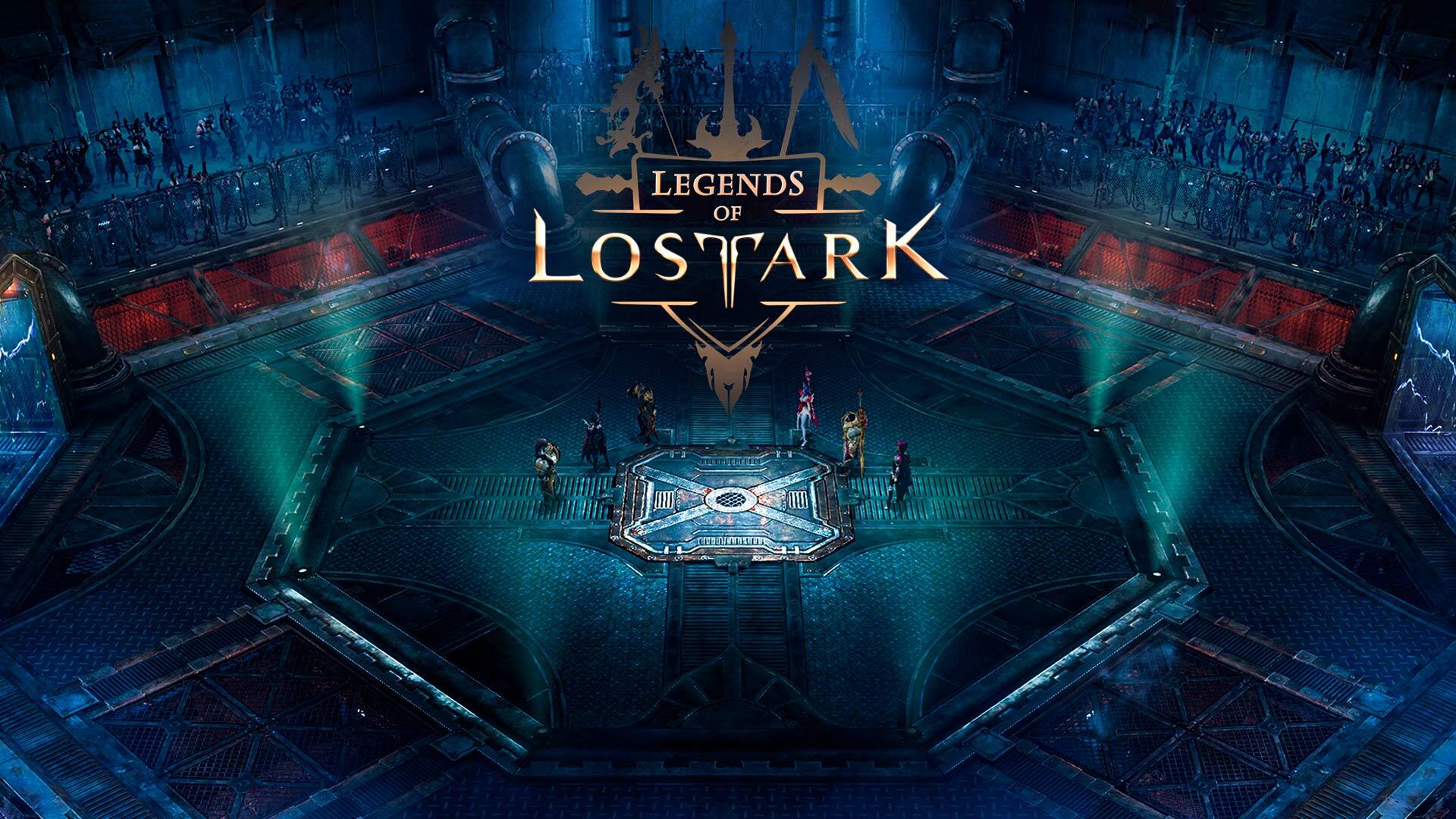 The banner for the Legends of Lost Ark Twitch Drop series, showing six Lost Ark characters standing in the middle of a dimly-lit arena.