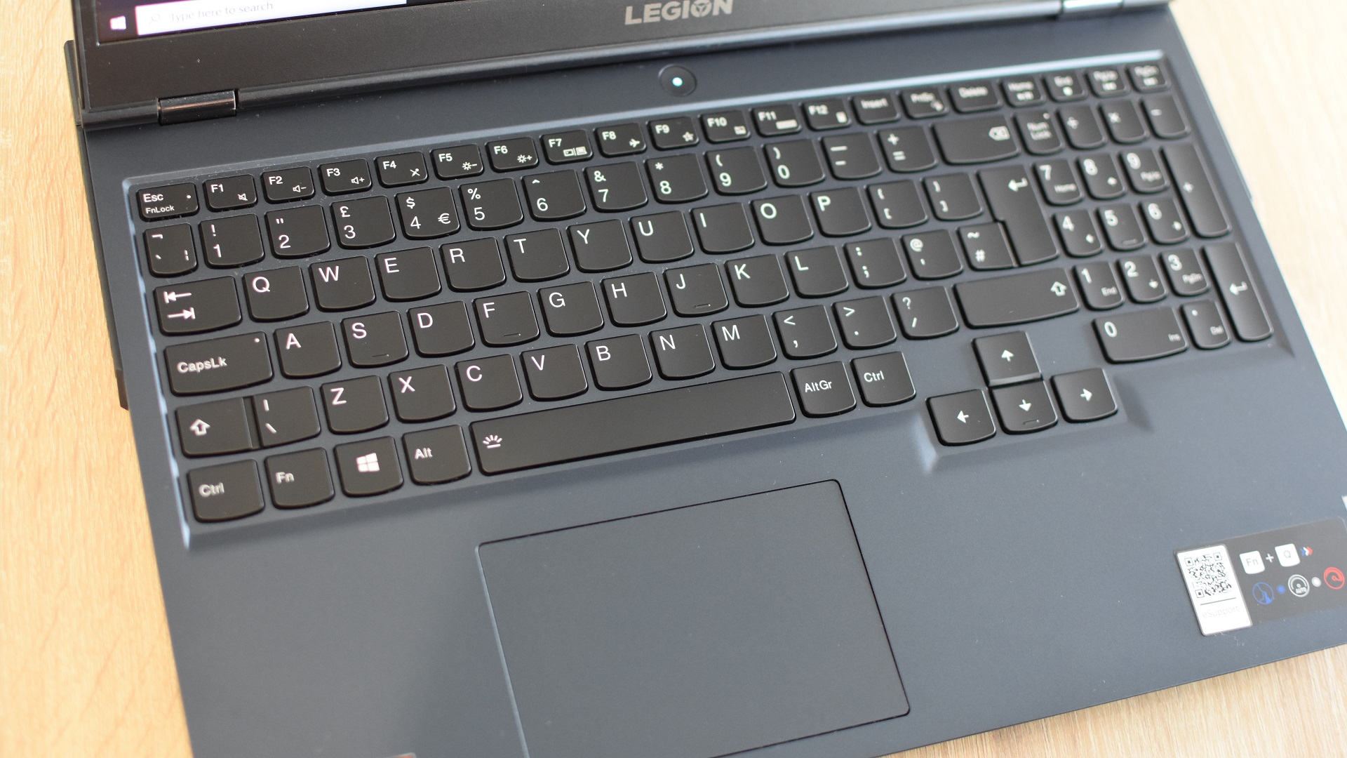 The keyboard and trackpad on the Lenovo Legion 5 gaming laptop.