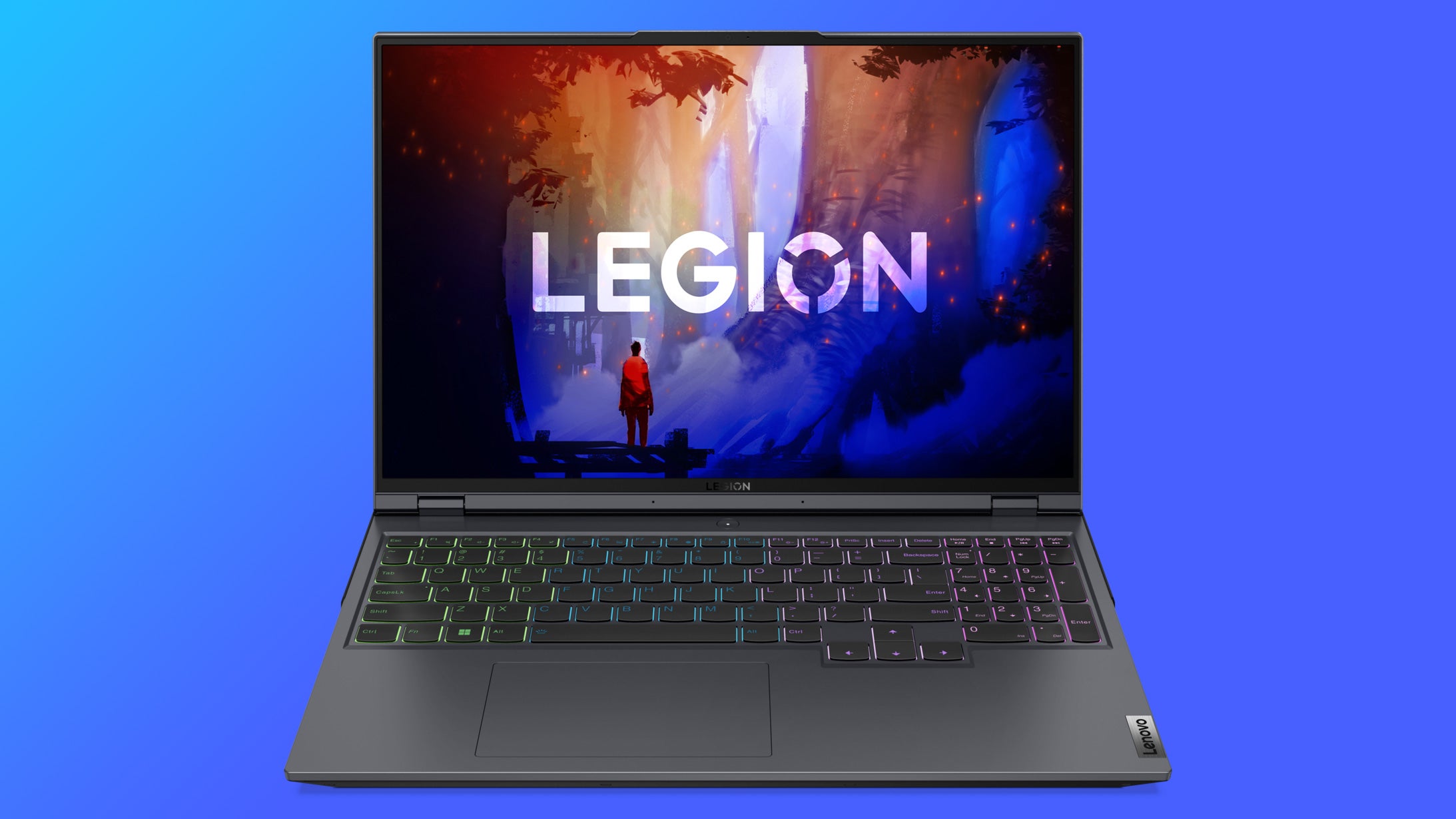 a lenovo legion 5i pro 16 gaming laptop, shown with an RGB keyboard and big, beautiful screen.