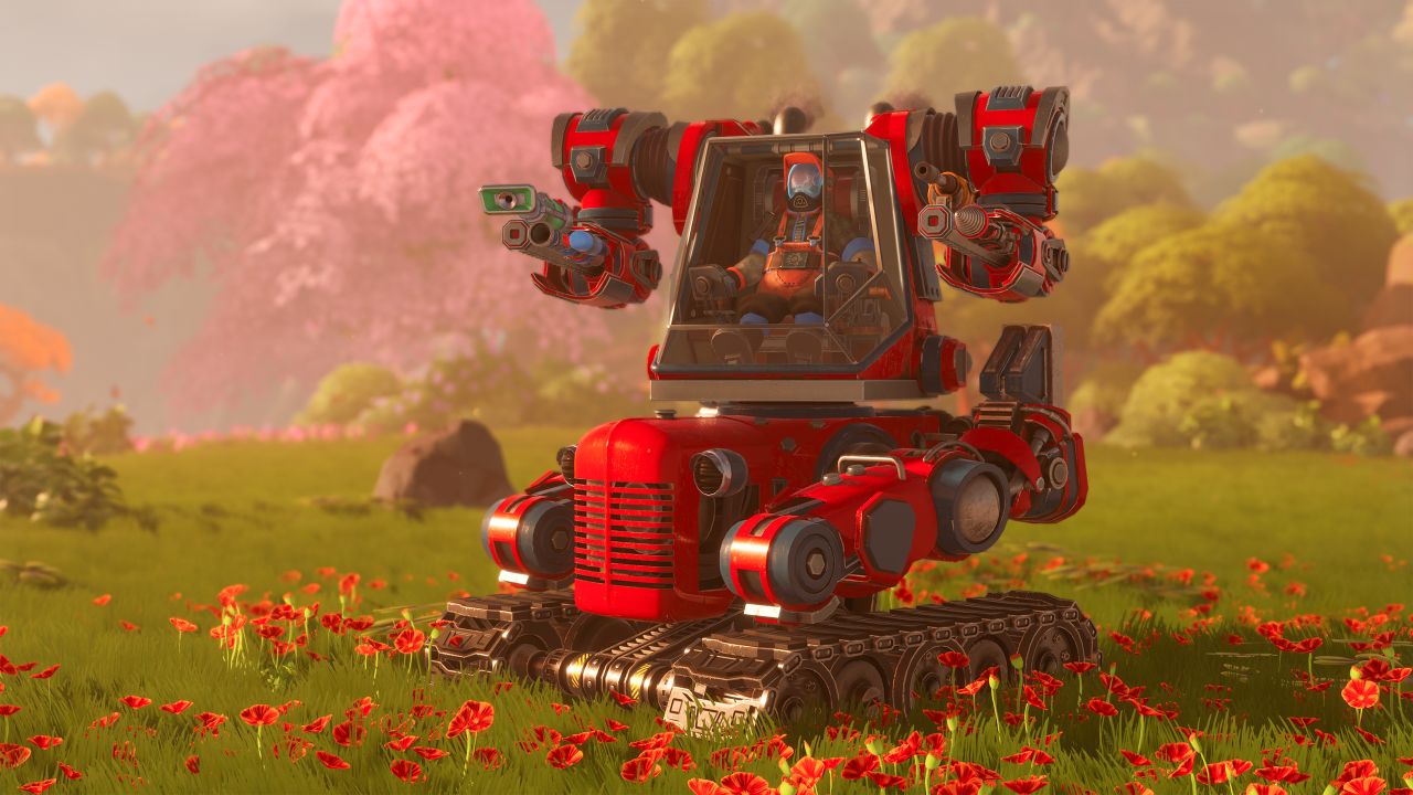 Mekanisme pertanian di Lightyear Frontier, mesin berwarna merah cerah yang terlihat seperti traktor berlengan