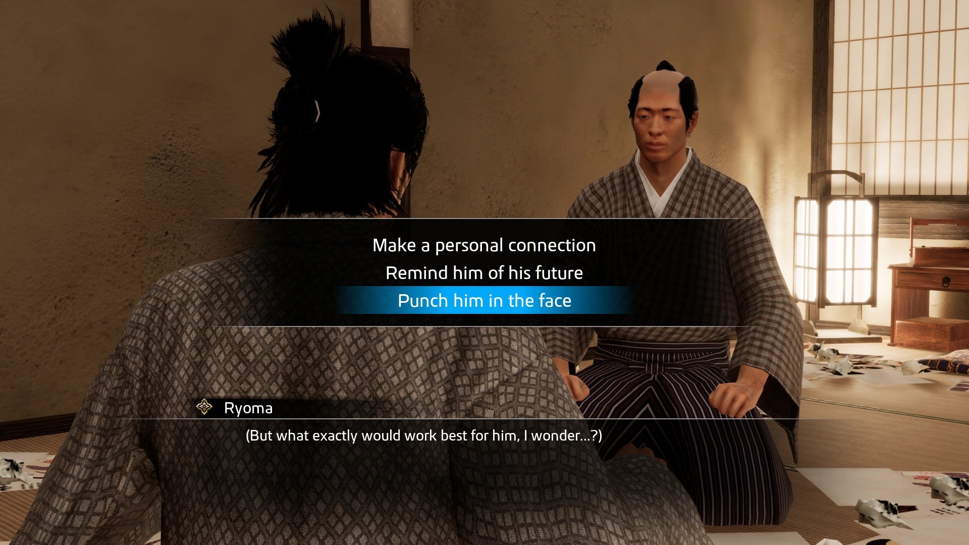 Ryoma decides whether to punch a "heyazumi" in the face in Like A Dragon Ishin!