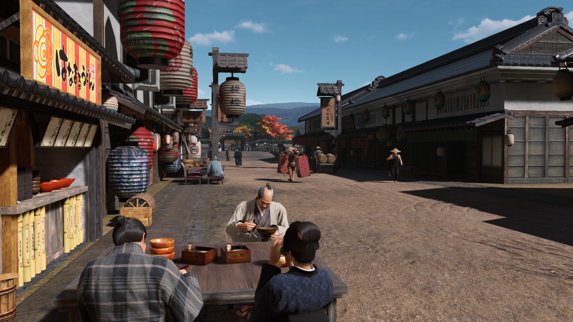 People eating outside in Kyo's main high street in Like A Dragon Ishin!